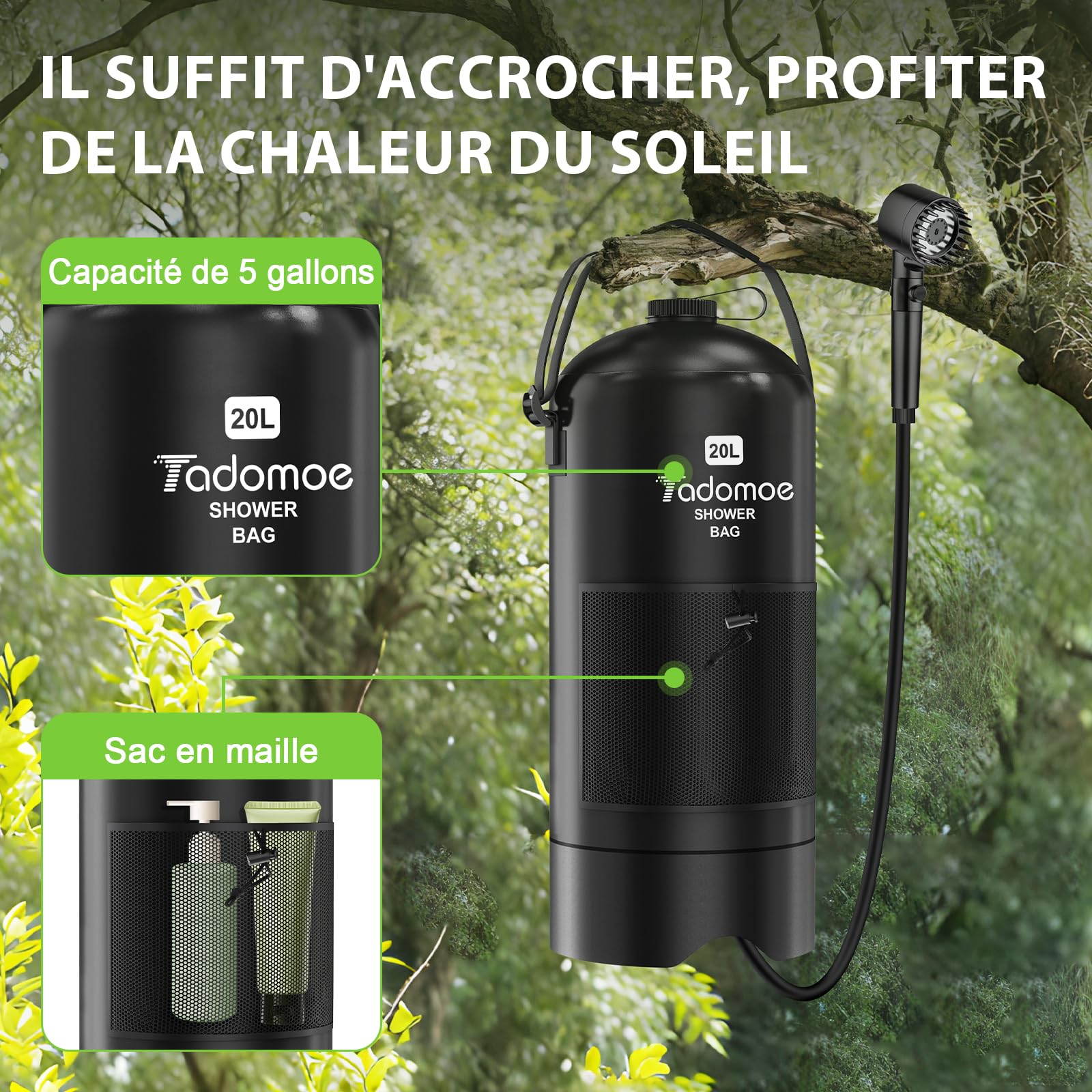 20l Douche Solaire Camping avec Pompe, 2000mAh Douche Portable Chauffante avec Sac et buse pour extérieur Camping, Randonnée et Car