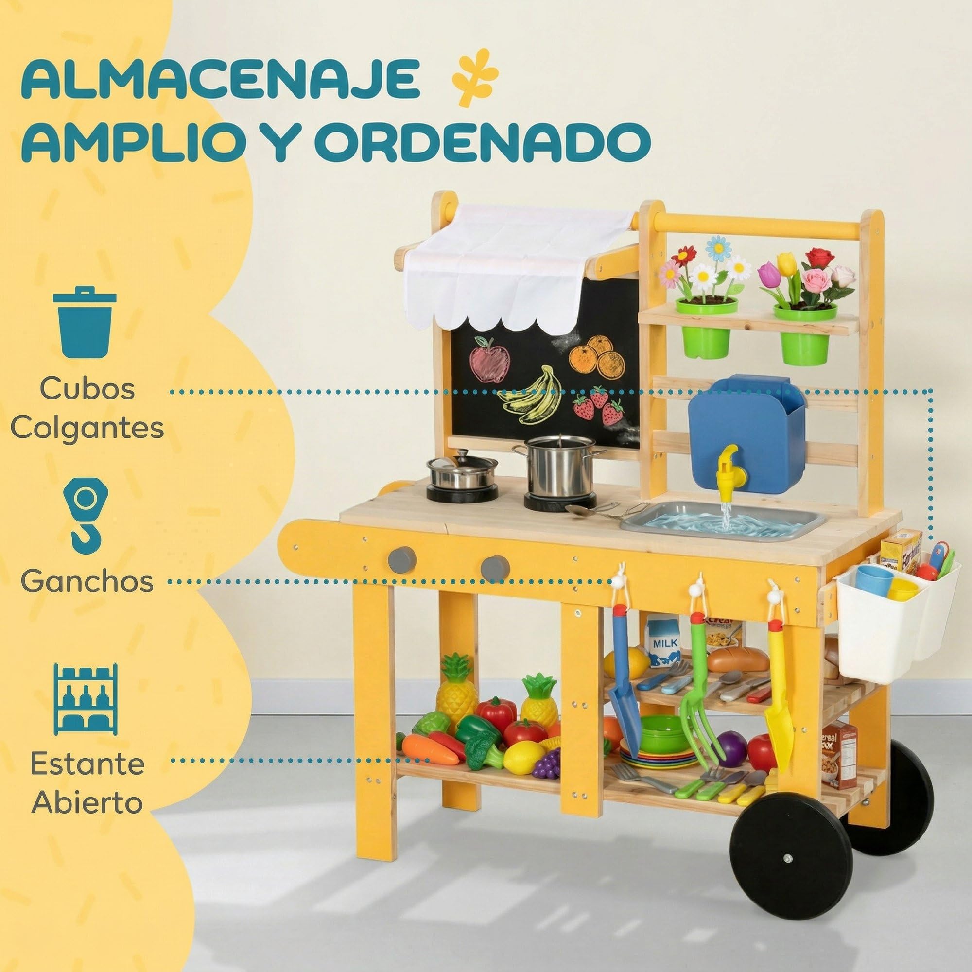 AIYAPLAY Cocina de Juguete Exterior con Ruedas, Cocinita Infantil de Madera con Agua Real, Fregadero, Estufas, Estantes, Macetas, Pizarra y 15 Accesorios, 84,2x34,4x90 cm, Amarillo