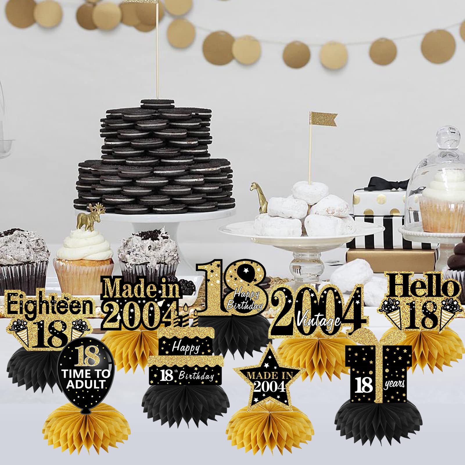 9Pcs Black Gold 18th Birthday Decorations – Honeycomb Centerpieces With 2006 Vintage Signs, Party Supplies