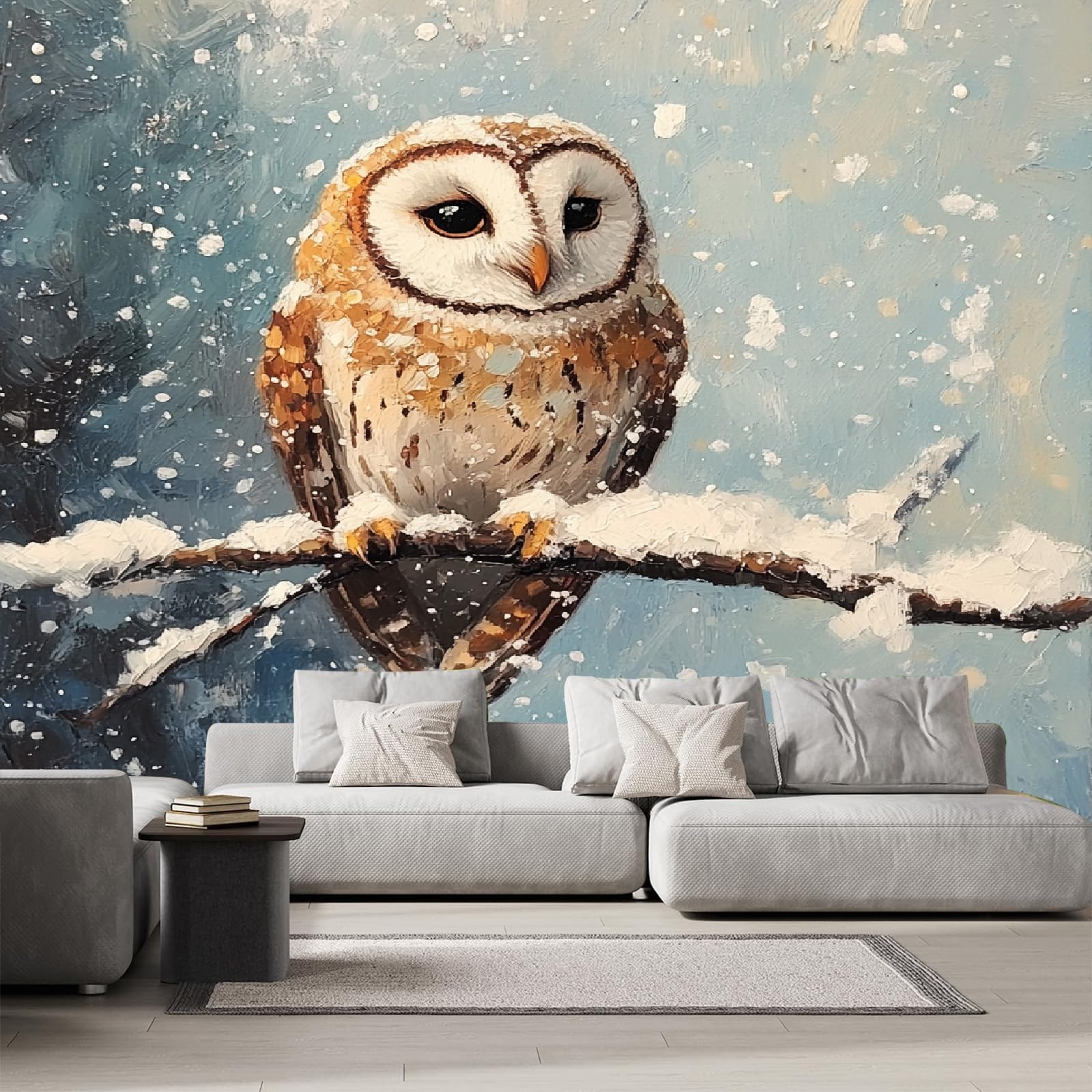 Poster mural 3D chouette et papier peint panoramique forêt de neige intissé