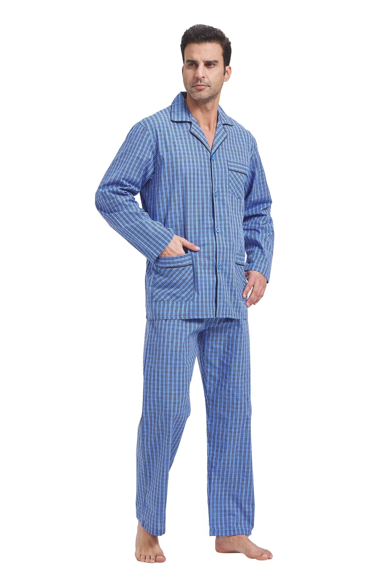 GLOBAL Pijamas Hombre Largos Pantalones Ropa de Dormir Conjunto de Algodón Pijama para Hombre con Bolsillos y Cordón