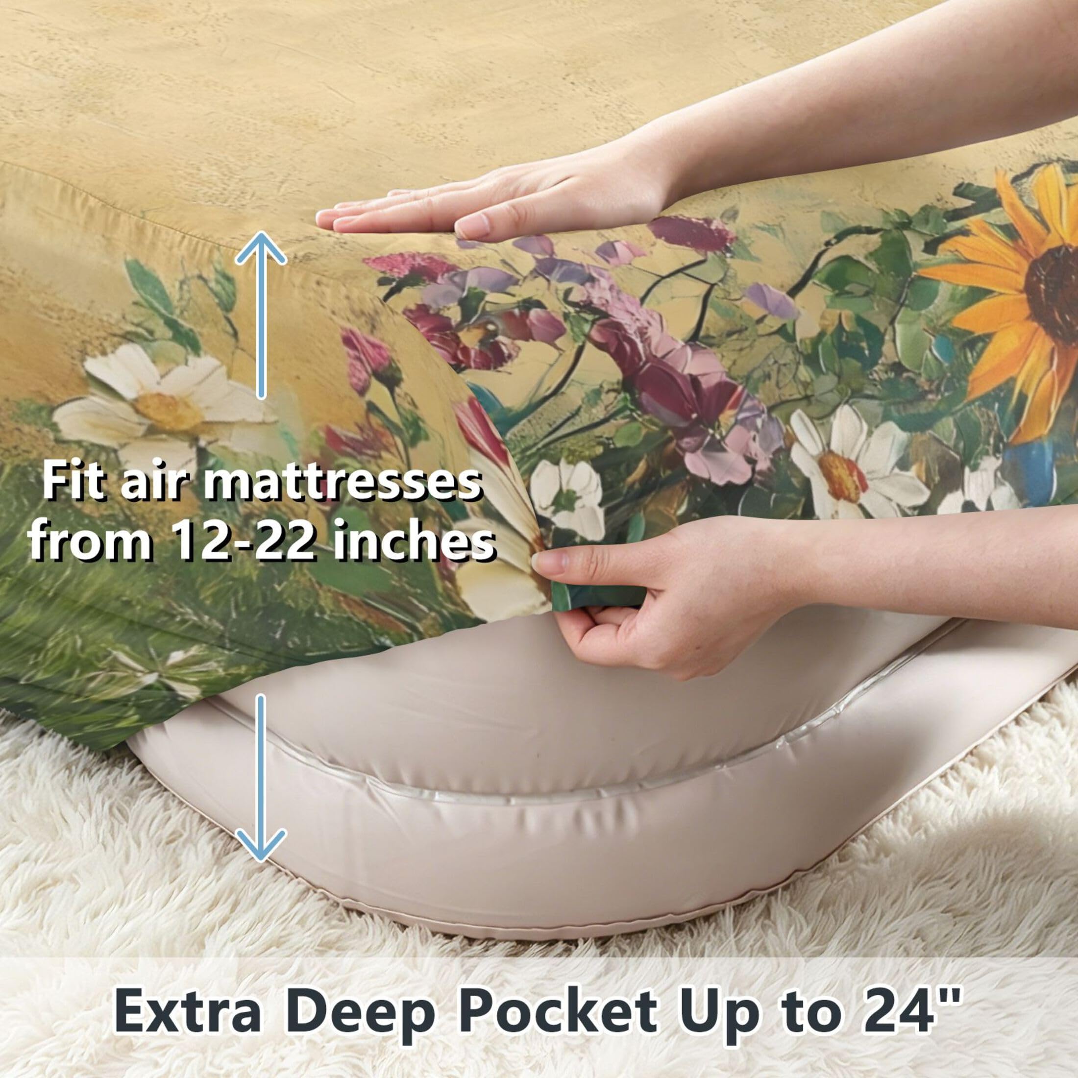 Garden Wildflowers Sábana bajera individual para colchón de aire, bolsillo extra profundo de 24 pulgadas, funda suave y transpirable con apertura de válvula de cremallera para cama de aire