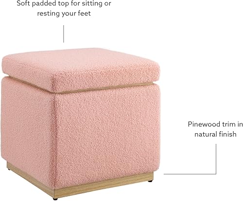 Miniatura 9 de Linon Blush Sherpa Lexington - Otomana cuadrada tapizada con decoración de madera de pino