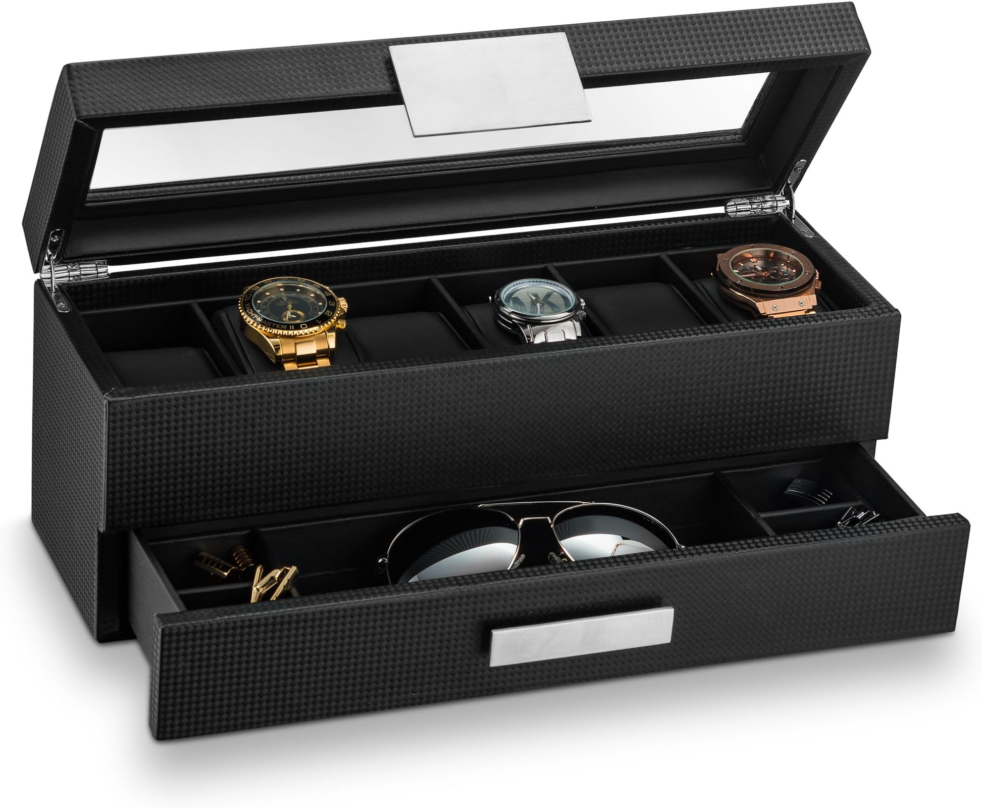Glenor Co Watch Box with Valet Drawer for Men - 6 Slot Luxury Case Display Organizer, Carbon Fiber Design -Metal Buckle for Mens Jewelry Watches, Men's Storage Holder Boxes has a Large Glass Top