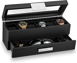 Glenor Co Watch Box with Valet Drawer for Men - 6 Slot Luxury Watch Case Display Organizer, Carbon Fiber Design -Metal Buc...