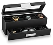 Watch Box with Valet Drawer for Men - 6 Slot Luxury Case Display Organizer, Carbon Fiber Design -Metal Buckle for Mens Jewelry Watches, Men's Storage Holder Boxes has a Large Glass Top