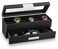 Watch Box with Valet Drawer for Men - 6 Slot Luxury Case Display Organizer&comma; Carbon Fiber Design -Metal Buckle for Mens Jewelry Watches&comma; Men&apos;s Storage Holder Boxes has a Large Glass Top
