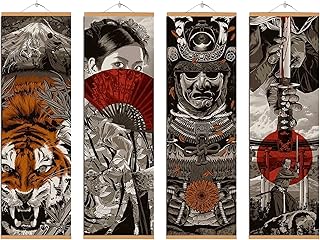 4PCS Japanese Wall Decor, Japanese Wall Art, Japanese Home Decor, Japanese Decor for Bedroom, Sumurai Armor Warrior Canvas Wall Decorations with Scroll Wood Framed, Sushi Restaurant Decor, 11'' x35''