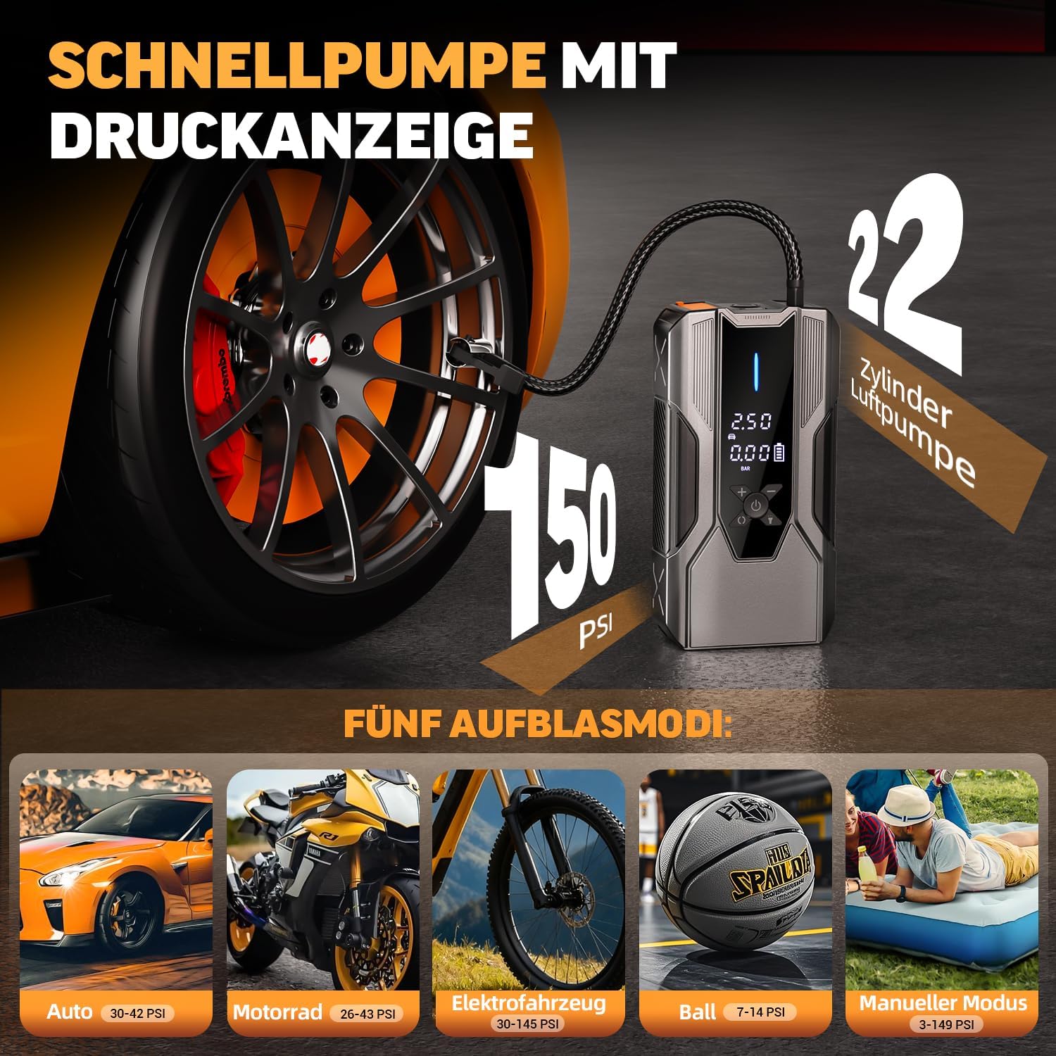 Starthilfe Powerbank für pkw 8000A, Jump Starter Auto mit Kompressor 150PSI, 26800mAh Auto Starthilfe Powerbank für All Benzin und 12.0L Dieselmotor, Autobatterie Ladegerät Eingang/Ausgang