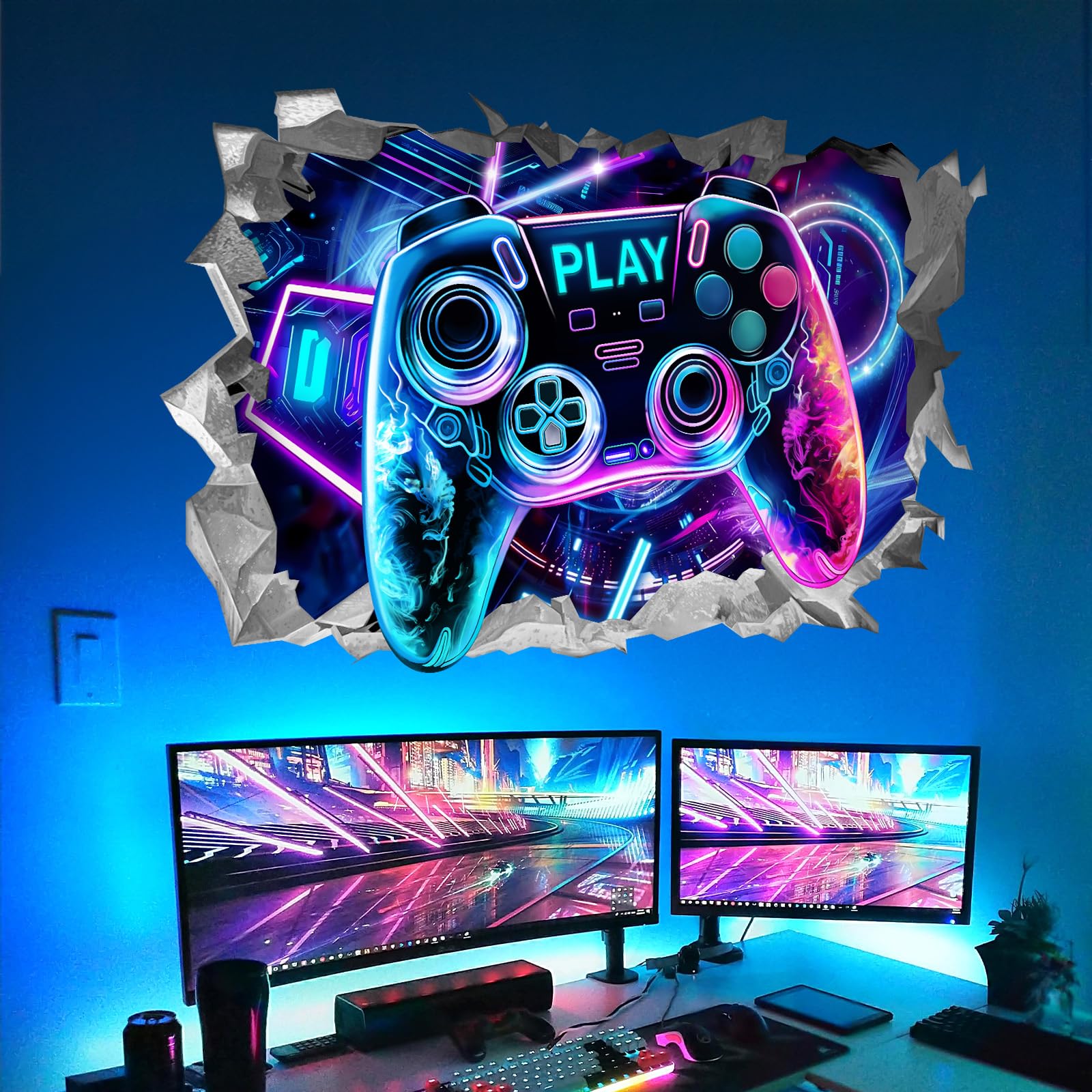 Stickers Muraux Gamer Style Aquarelle - 2 Feuilles Motif Manette De Jeu - Dimensions 78 X 73 Cm - Autocollant PVC Pour Chambre Ado, Bureau Ou Salle De Jeu