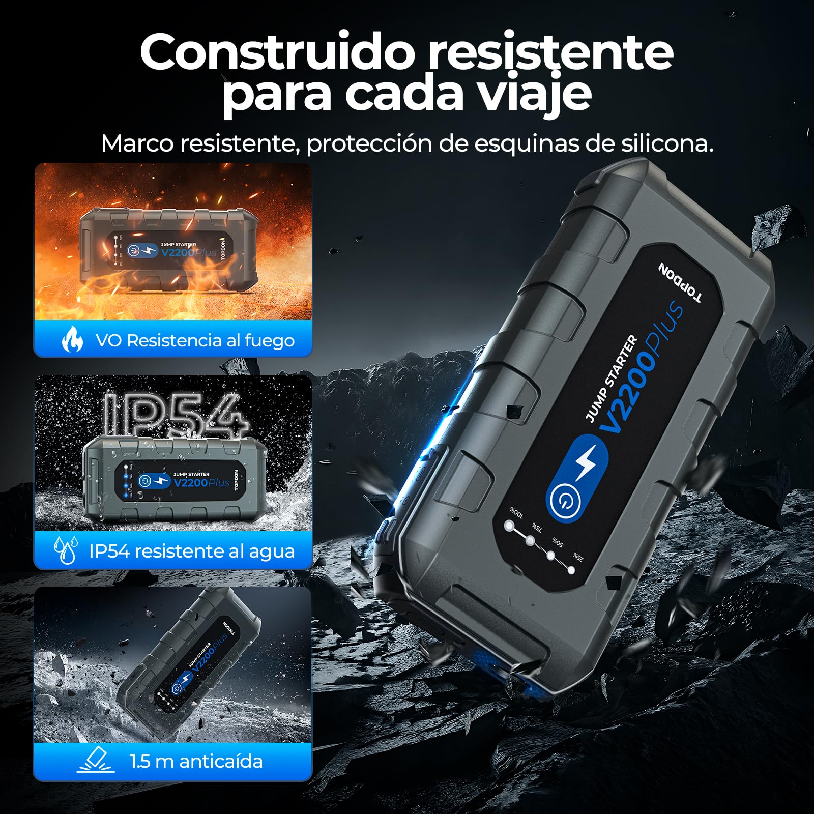 TOPDON V2200 Plus Arrancador de Coches y 12V Comprobador de Batería 2 en 1, Arrancador de Baterias de Coche 2200A para 8L Gas/6L Diesel