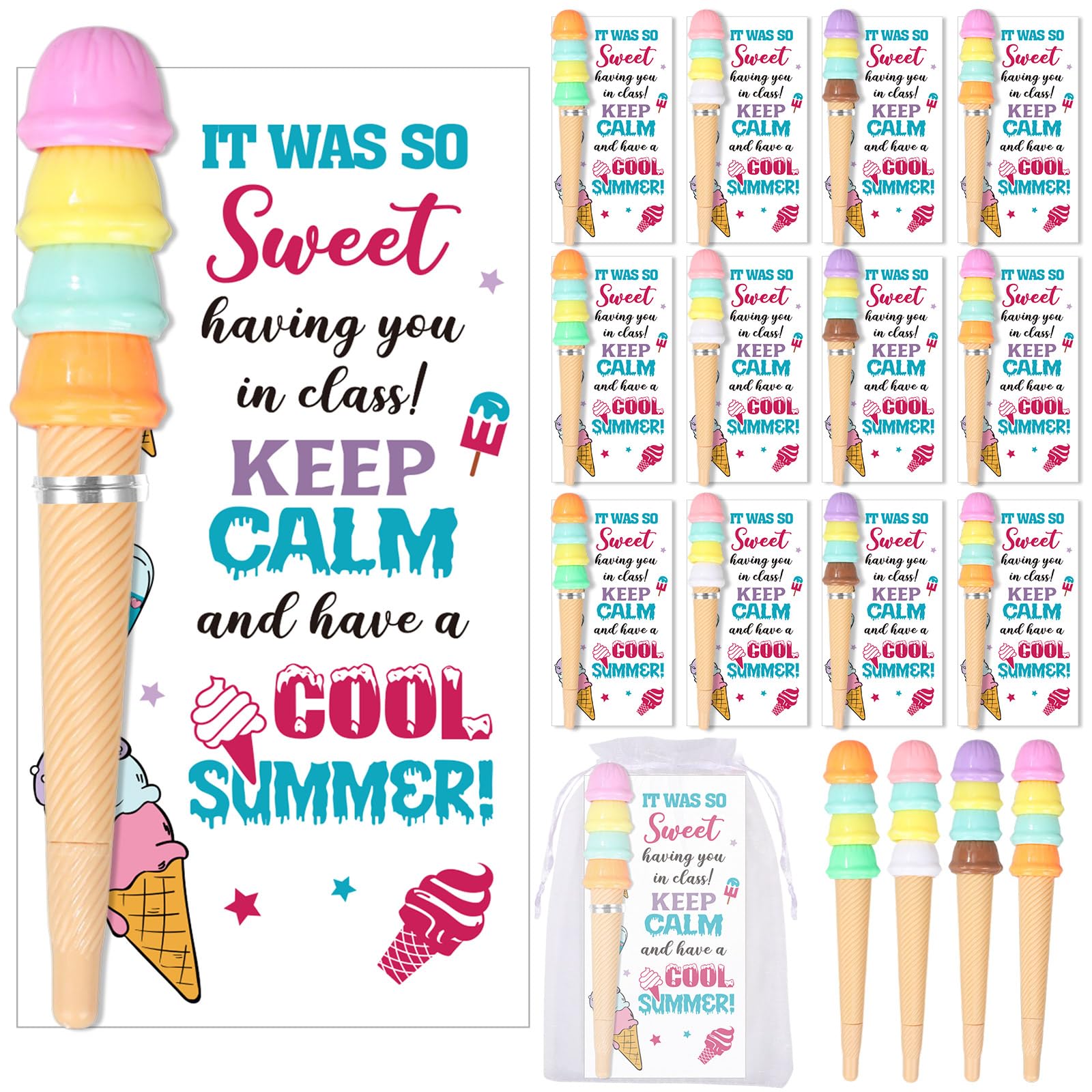 Marspark 30 Sets End of Year Student Gifts Bulk Summer Graduation Gifts Ice Cream Shaped Pens and Sweet Summer Greeting Cards with Bag Twist Ties for School Graduation Party Favors Classroom Prizes