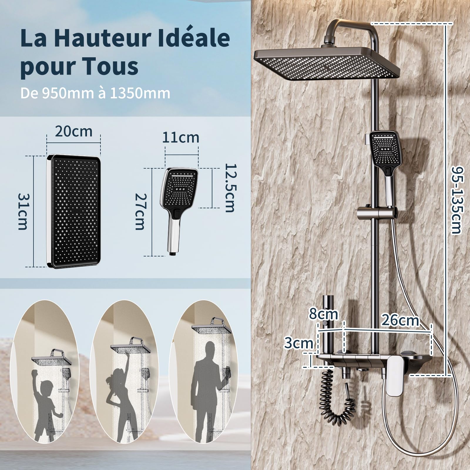 Colonne de Douche Gris Fusil Miroir avec Mitigeur - Touches Piano 4 Fonctions - Système de Douche Moderne avec Tête de Douche XXL Carrée, Douchette 3 Jets - Tube Inox Réglable 950-1350mm