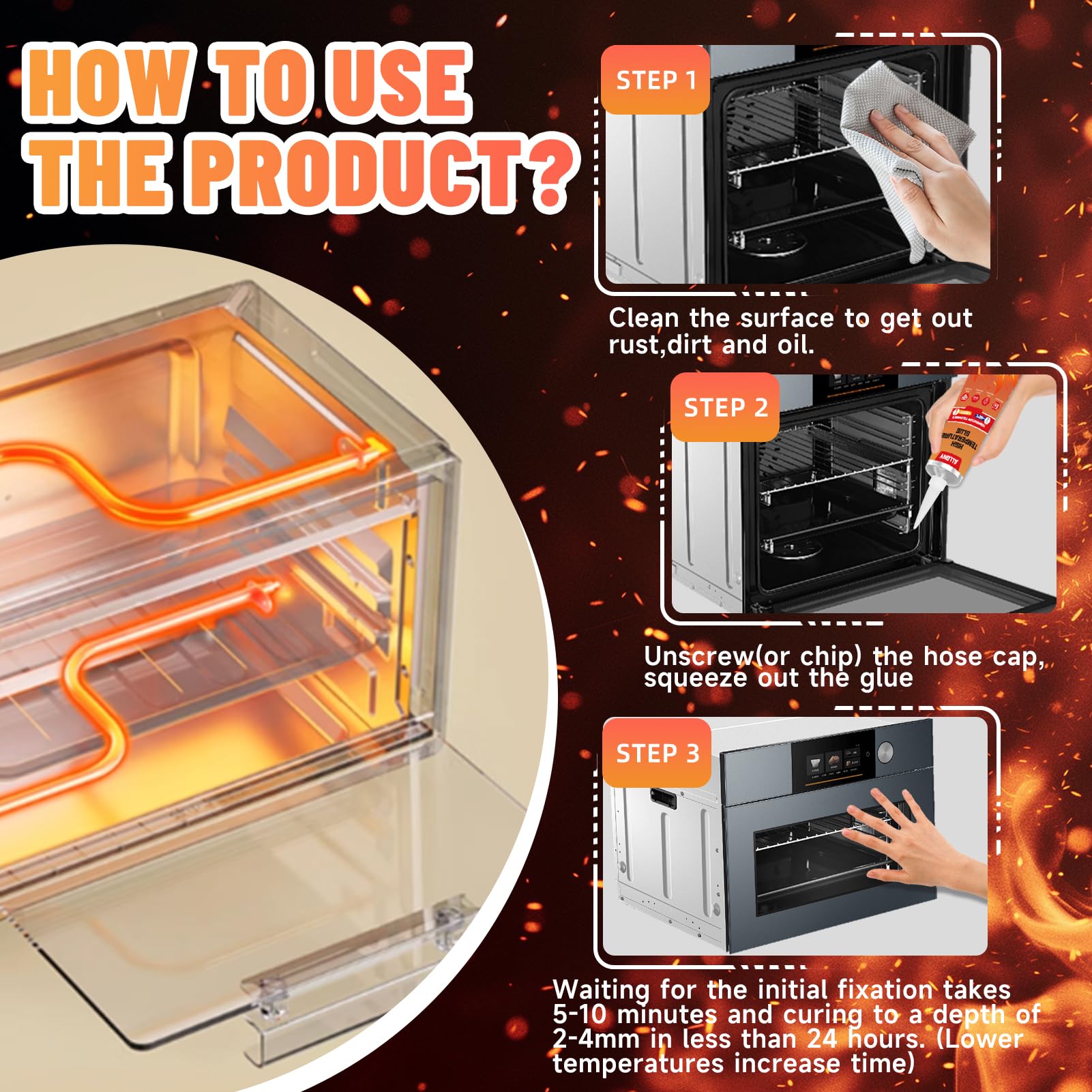 Allony 100ml Colla Alte Temperature, Silicone per Alte Temperature, Sigillante Alte Temperature, Adesivo Resistente al Calore Fino a 1000°C, Adatto Alle Come Forno, Fornelli, Ripiani