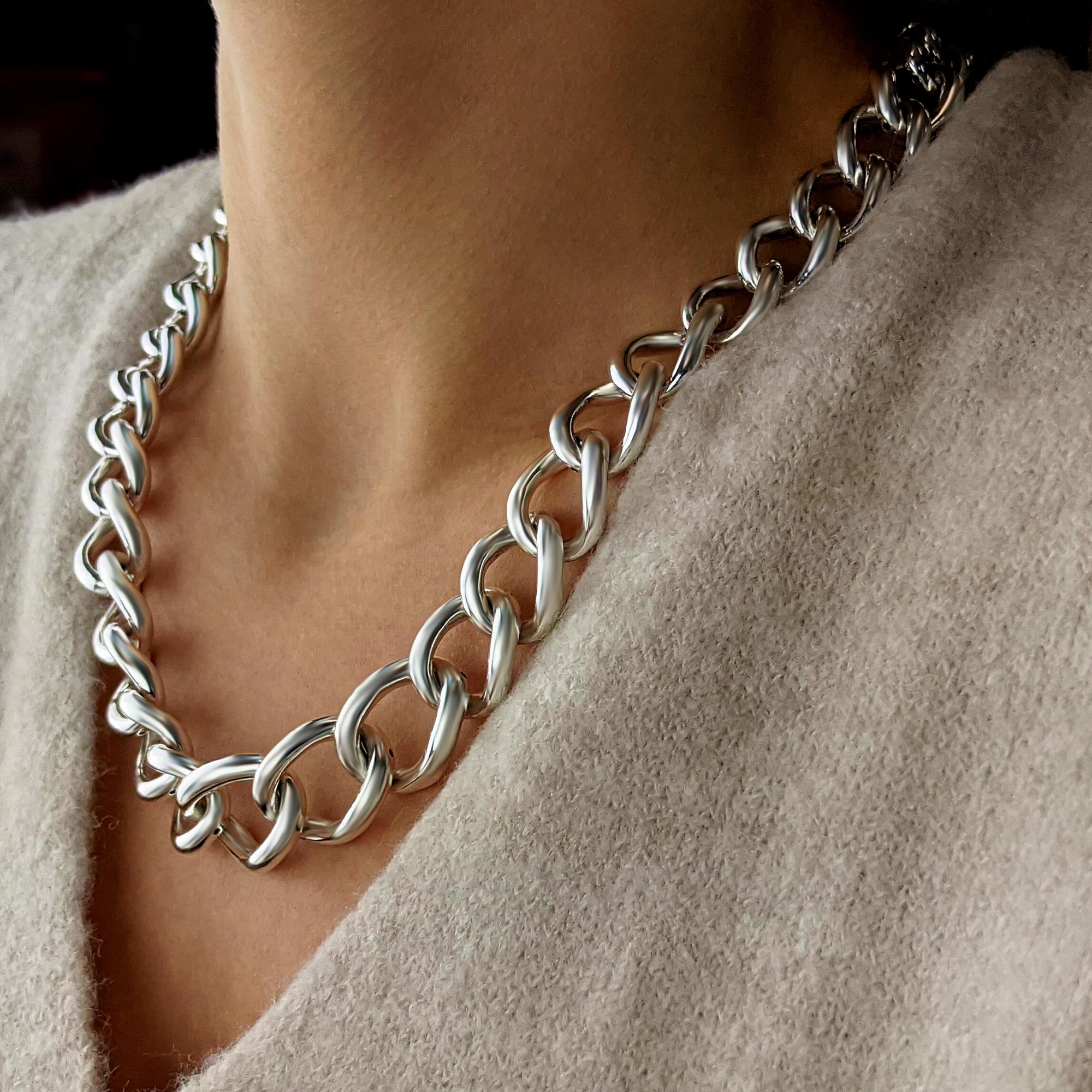 Collar de cadena gruesa y ligera electroformada de plata de ley 925 para mujer