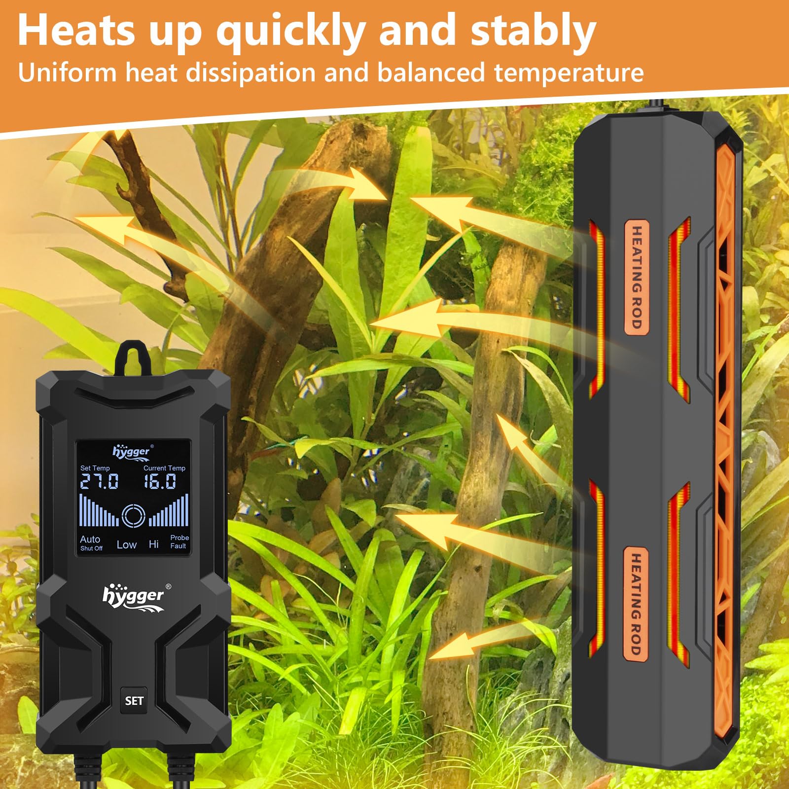 hygger Riscaldatore per Acquario, 600W Sommergibile Riscaldatore per Acquario con Controller Display Digitale LCD Intelligente Protezione Spegnimento Automatico per 250-511L Tank