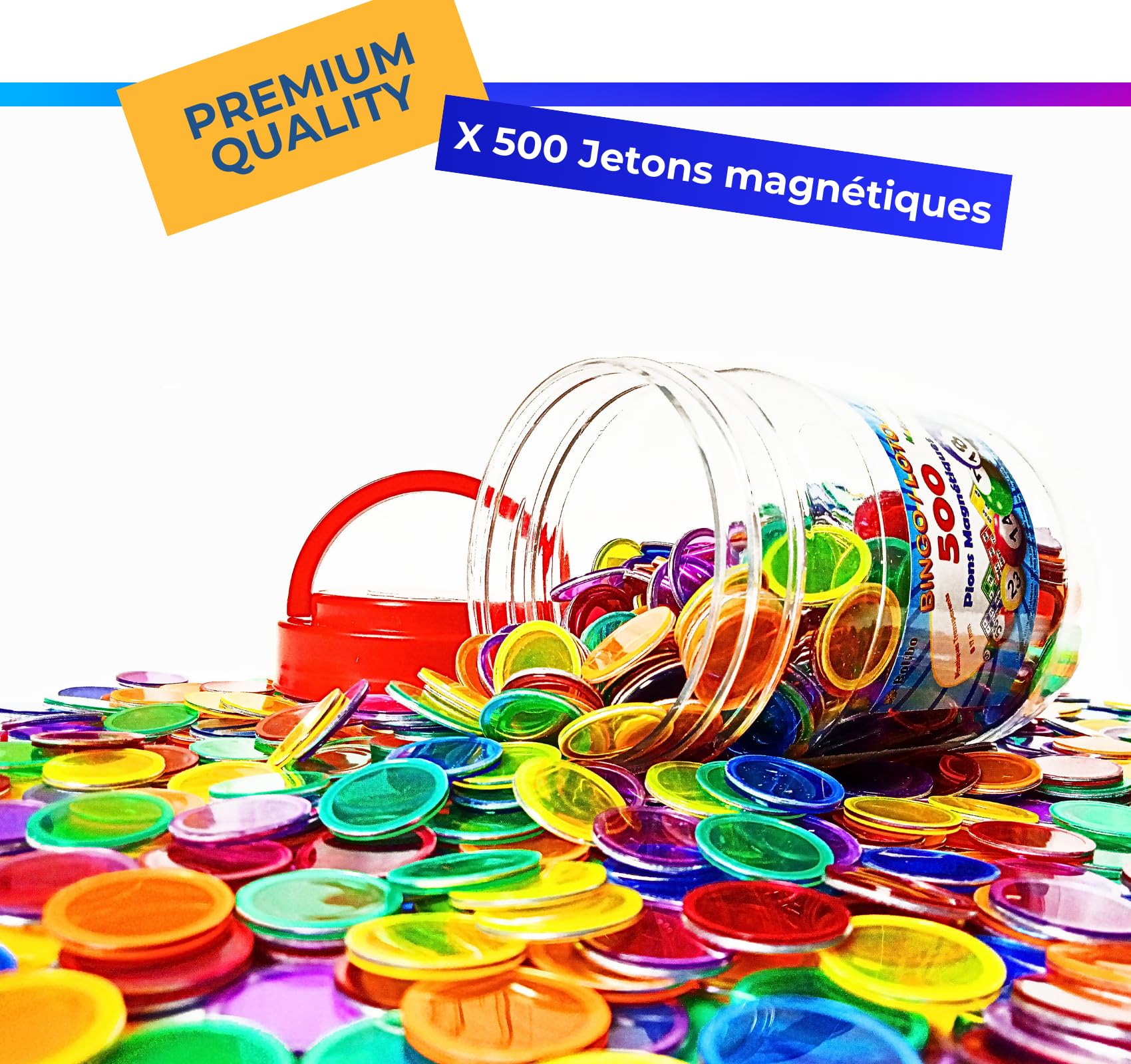 Bolibo - 500 - JETON Loto magnétique, boîte de 500 PIONS magnétiques - 17mm de diamètre - Multicolores - en Plastique Transparent - Bingo