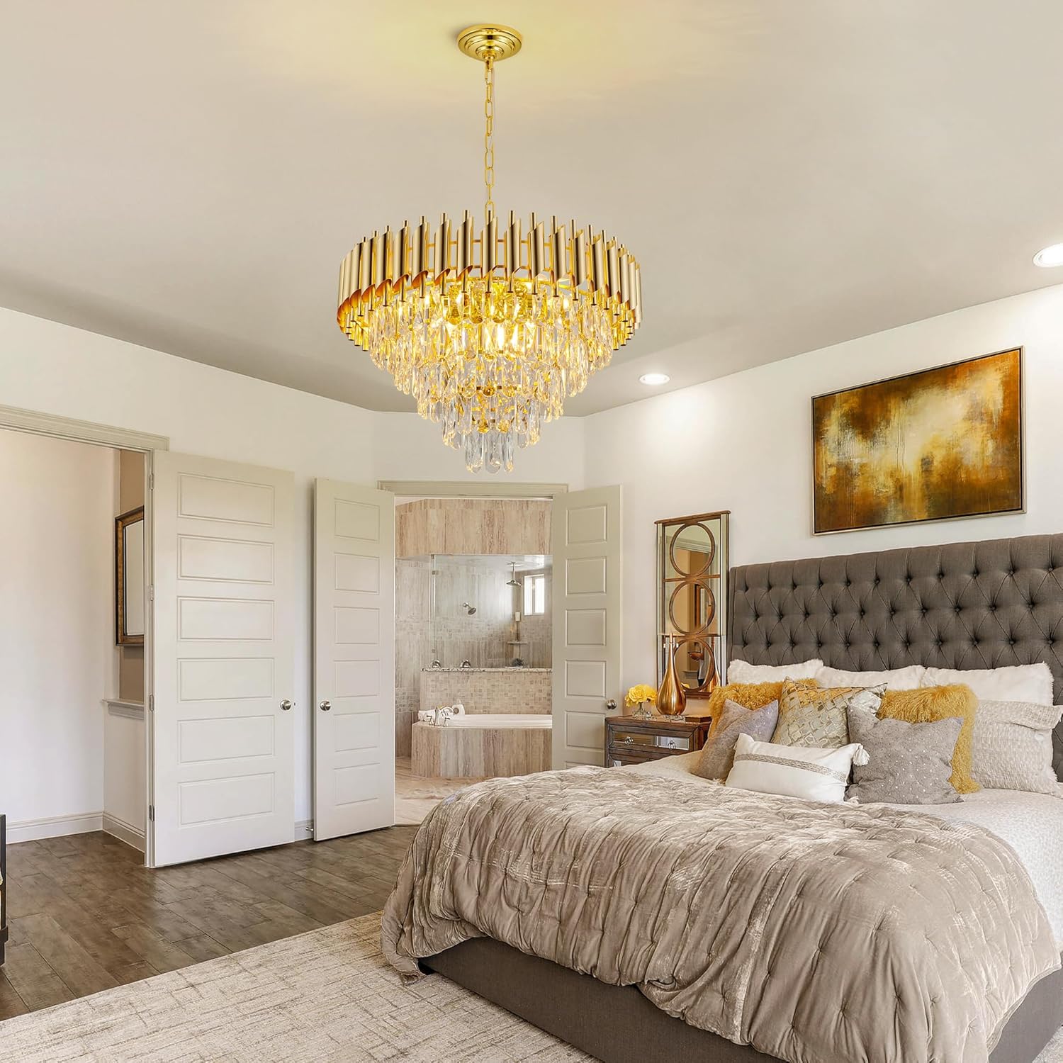 Modern Crystal Chandelier, Luxury Gold Chandelier for Dining Room, 22.8” Crystal Round Pendant Light Fixture, 5-Tier Hanging Lamp for Kitchen Island, Living Room, Foyer, Over Dining Table