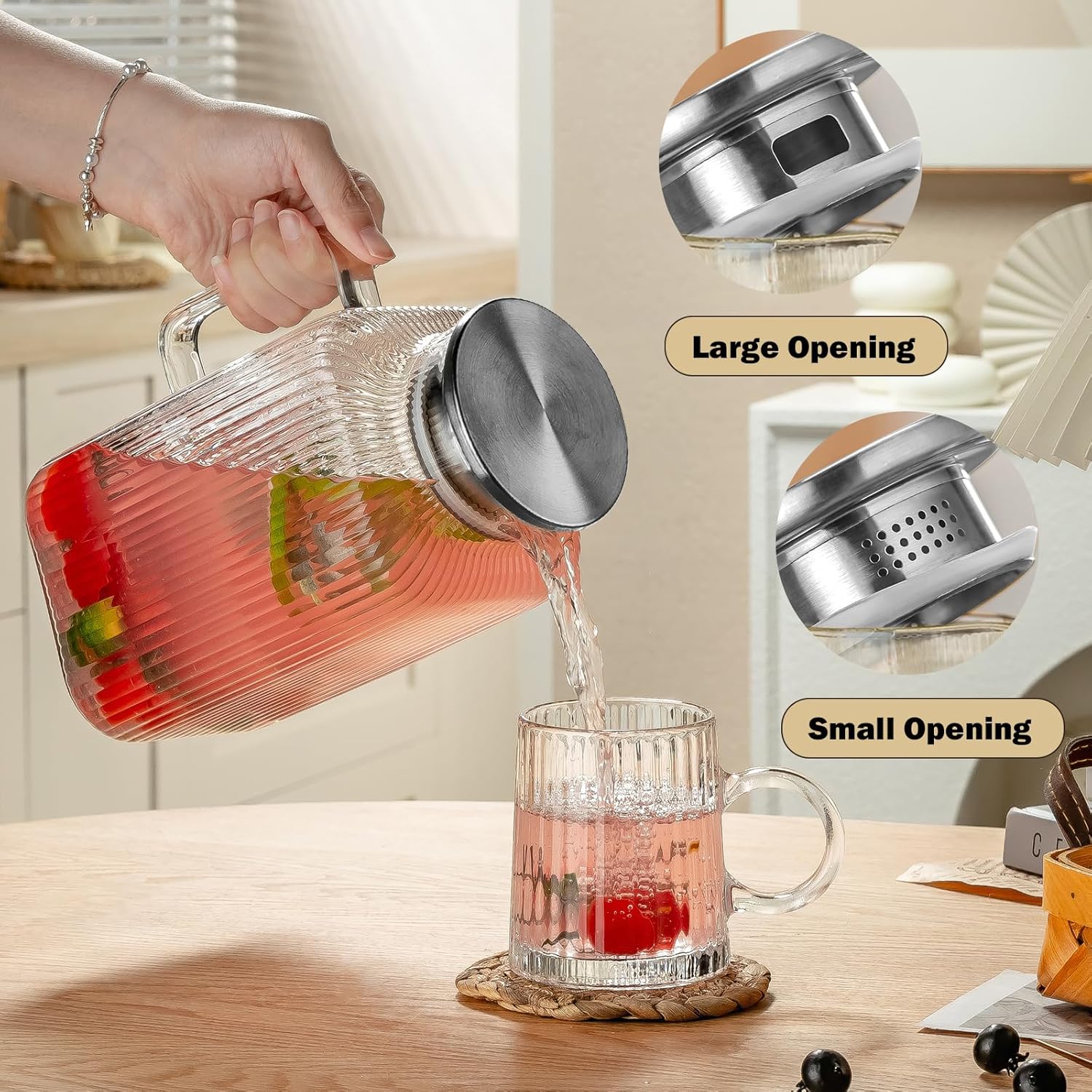 2 Pack 84oz/2.4 Liter Glass Pitcher with Vertical Stripes, Lid and Spout for Cold Brew Coffee, Hot Water, Milk, Lemonade Juice