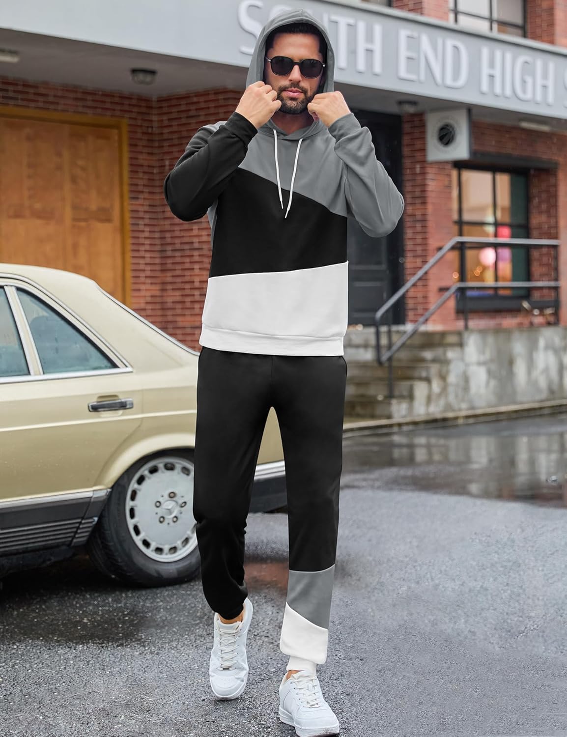 LecGee Men's Tracksuit 2 Piece Athletic Color Block Hoodie and Sweatpants Casual Sweatshirt Joggers Sweatpants Set for Men