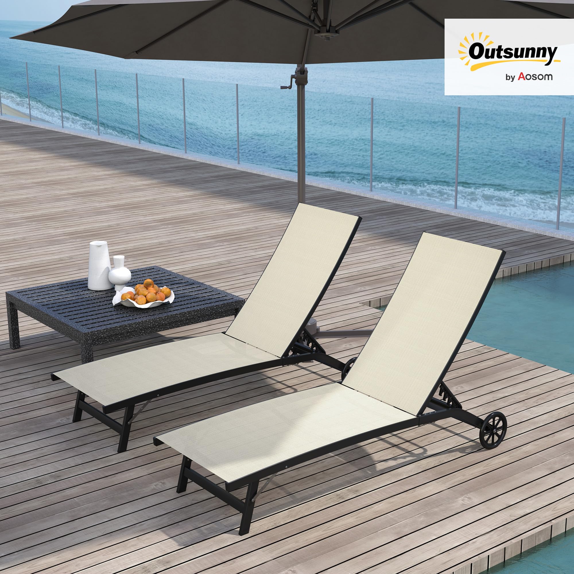 Outsunny Lot de 2 Bains de Soleil transat Chaise Longue inclinable en Aluminium et textilène avec roulettes Dossier Multipositions Charge Max. 150 Kg Kaki