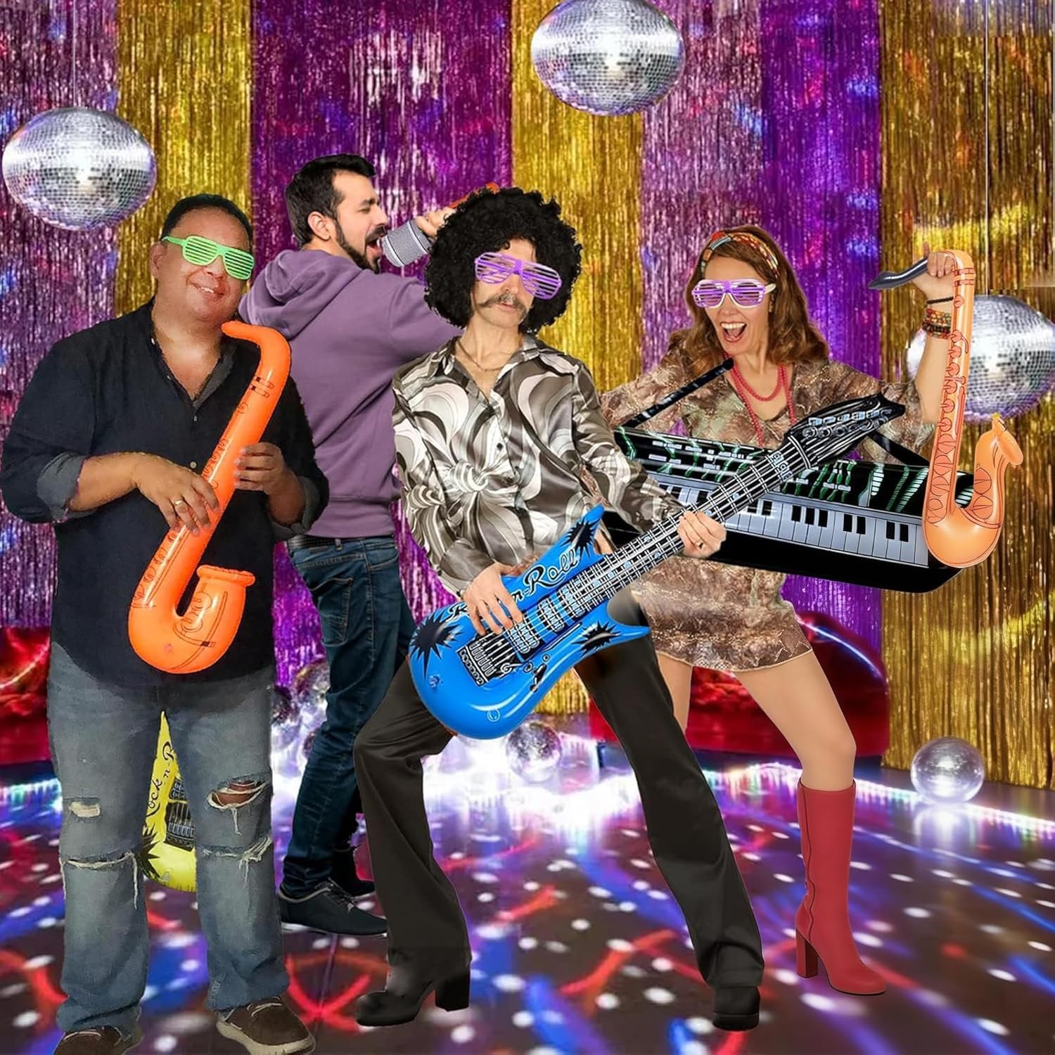 16pcs Juegos de Instrumentos inflables,Juego Estrella de Rock Inflable,Guitarra Inflable, micrófono saxofón, Gafas de Sol, Accesorios de Fiesta inflables