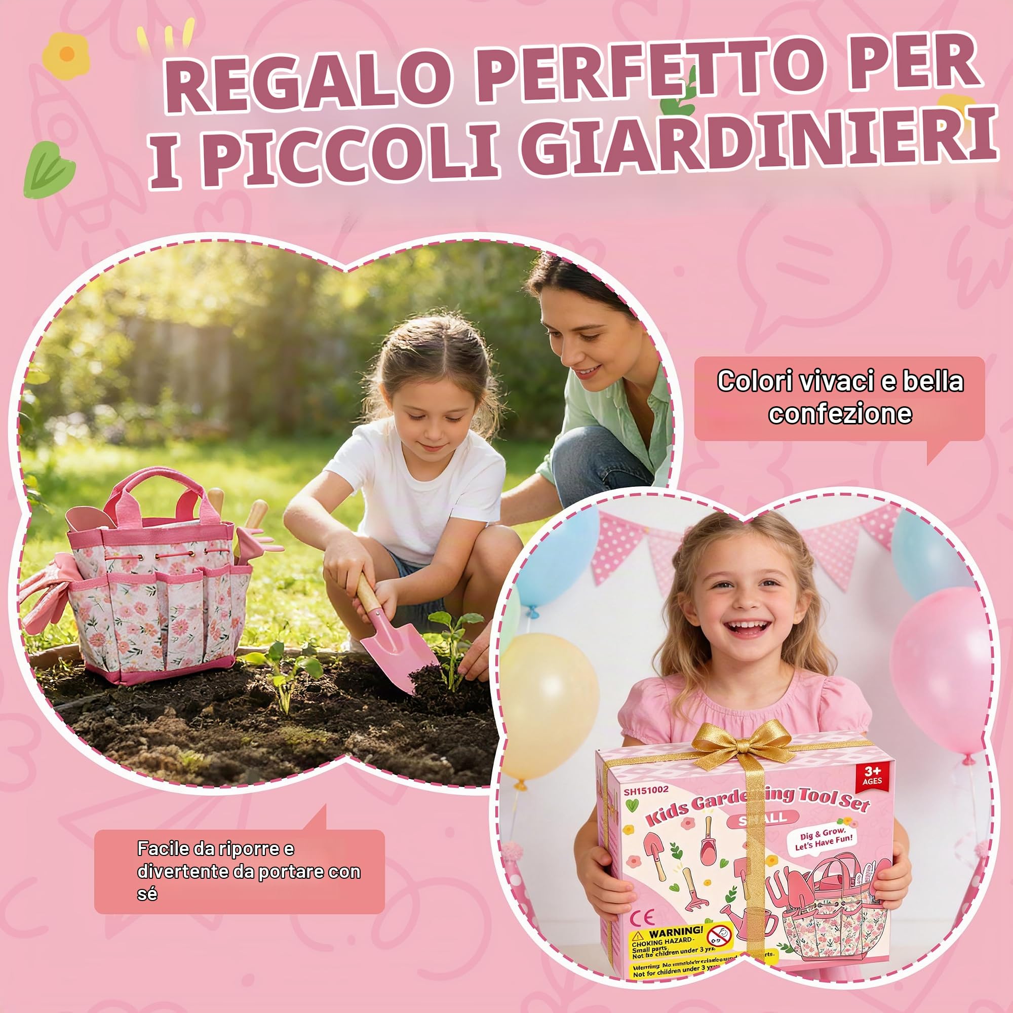 Shall Set da Giardinaggio per Bambini, 22 Pezzi, con Borsa per Il Trasporto e Vari Attrezzi da Giardinaggio. Ideale per Bambine Come Gioco all'aperto e Regalo Perfetto.