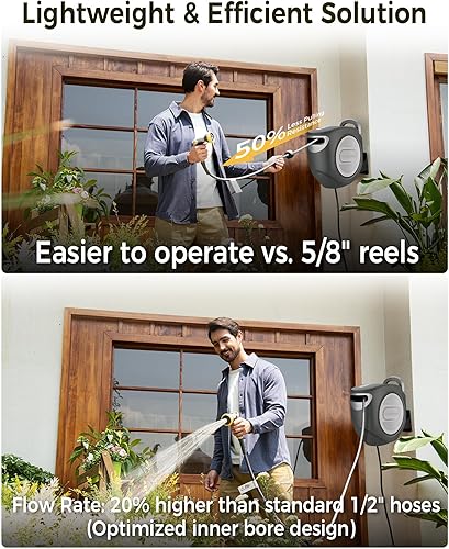 Miniatura 4 de GLAHODEN Carrete de manguera de jardín retráctil de 12 pulgada x 130 pies, resistente a los rayos UV, resistente, carrete de manguera automático,