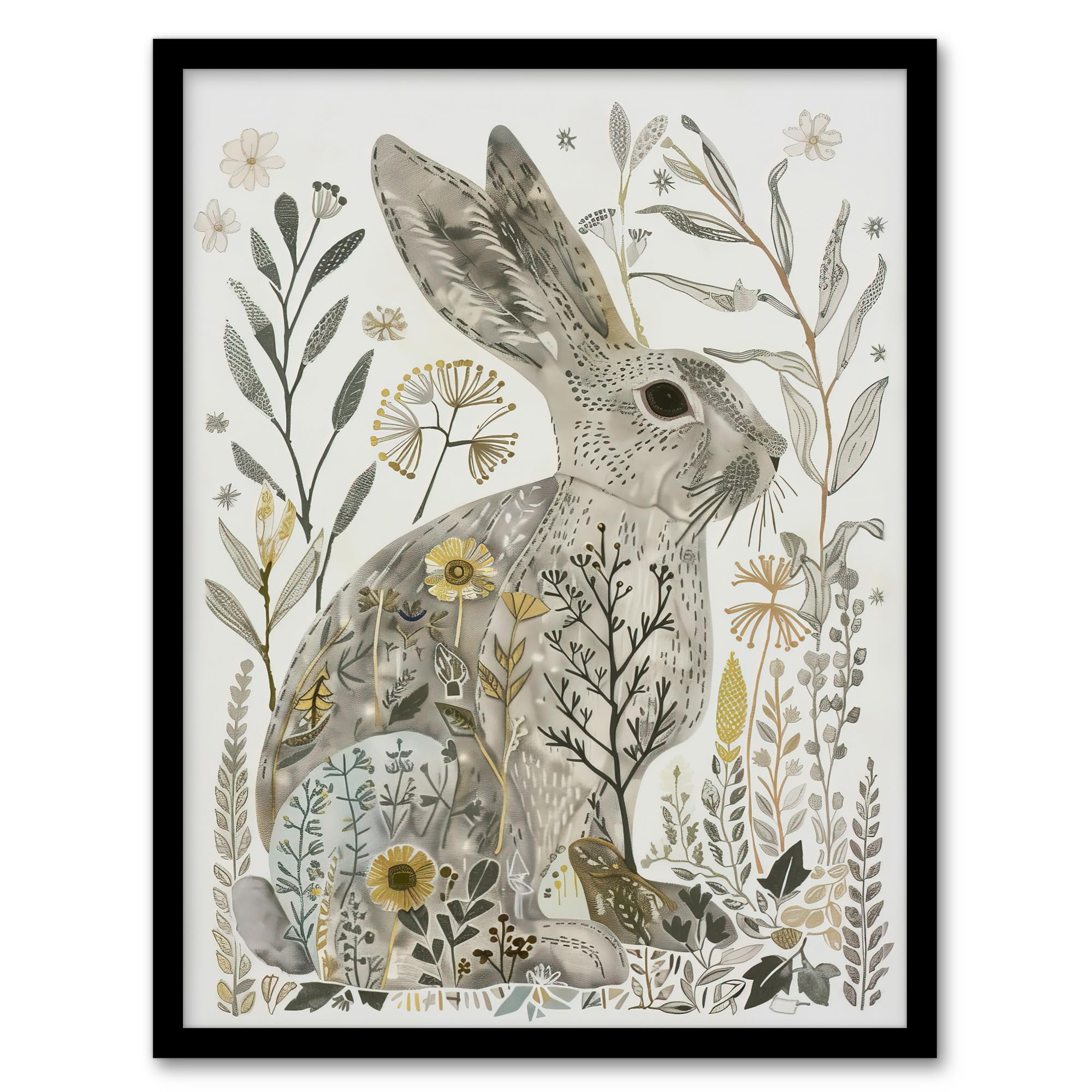 Artery8 Framed A4 Bunny Rabbit Flowers Grey Yellow Bright Folk Art Living Room Artwork Framed Wall Art Print A4