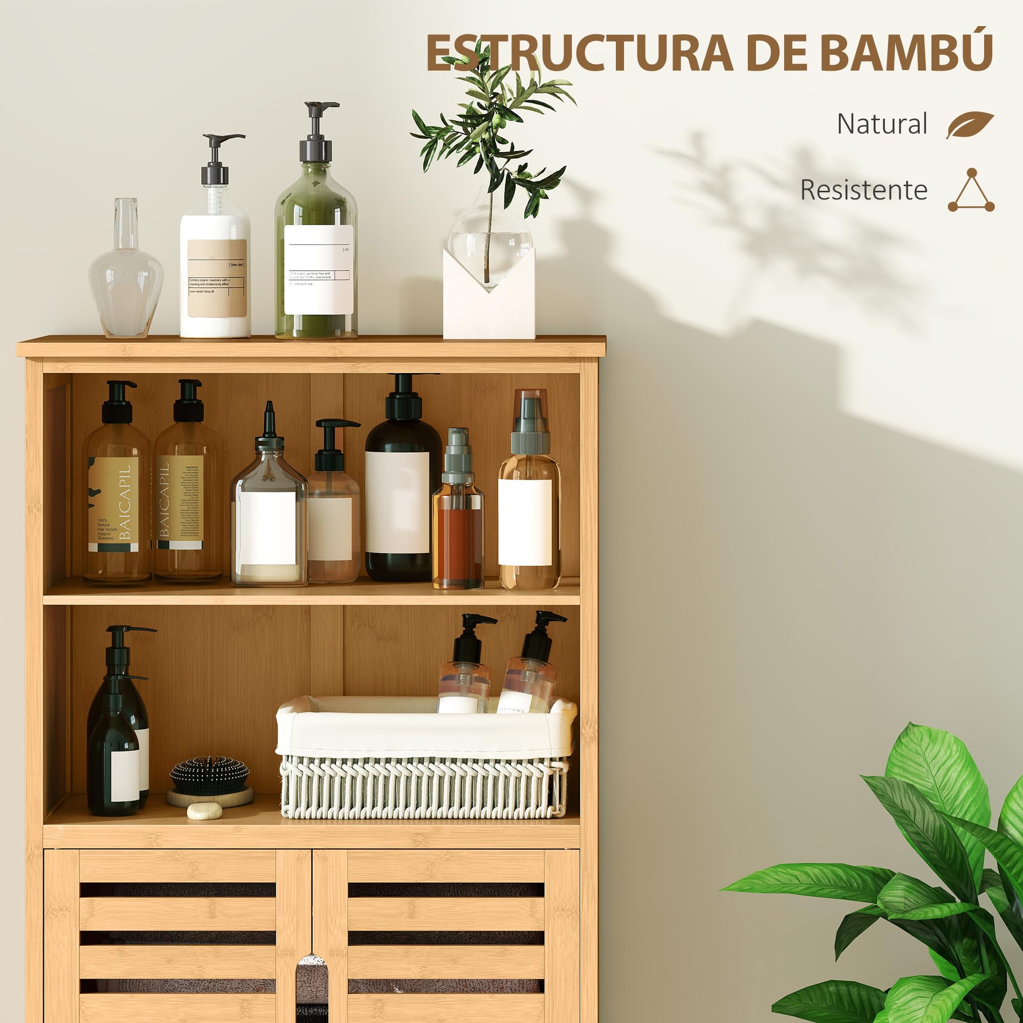 kleankin Mueble de Baño de Bambú Armario de Baño 50x29x92 cm Natural | 2 Puertas, 2 Estantes Abiertos, Patas Elevadas, Antivuelco