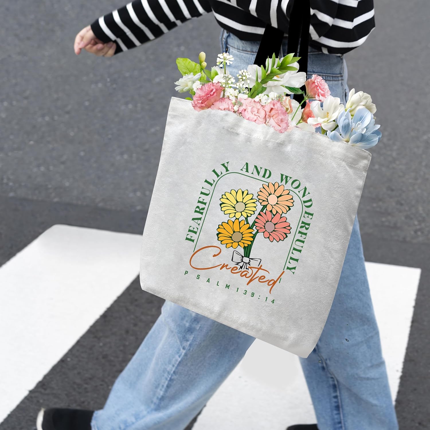 Christian Canvas Tote Bag For Women, Fearfully and Wonderfully Created Shoulder Bag, Inspirational Gifts For Friends Colleagues, Religious Shopping Bags, Floral Grocery Bag For Work Travel Church -43 - Image 3