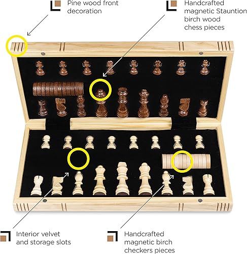 Miniatura 3 de Juego de ajedrez y damas de madera magnética - Juego de ajedrez que se dobla para llevar hecho a mano tablero de ajedrez para adultos juego de damas