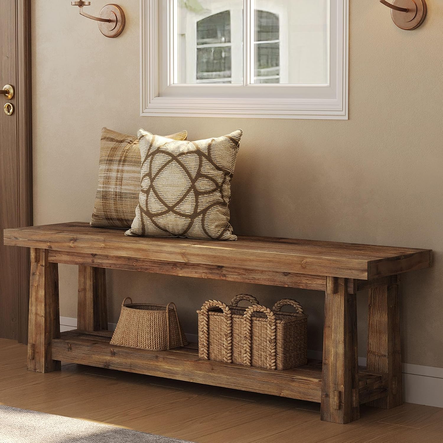 55" Wood Entryway Bench with Shoe Storage, Rustic Dining Bench