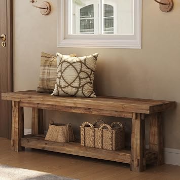 55" Solid Wood Entryway Bench with Shoe Storage, Rustic Wood Grain Shoe Rack Window Bench Seat for Foyer, Hallway, Mudroom, Bedroom, Easy Assembly Rustic Light Wood
