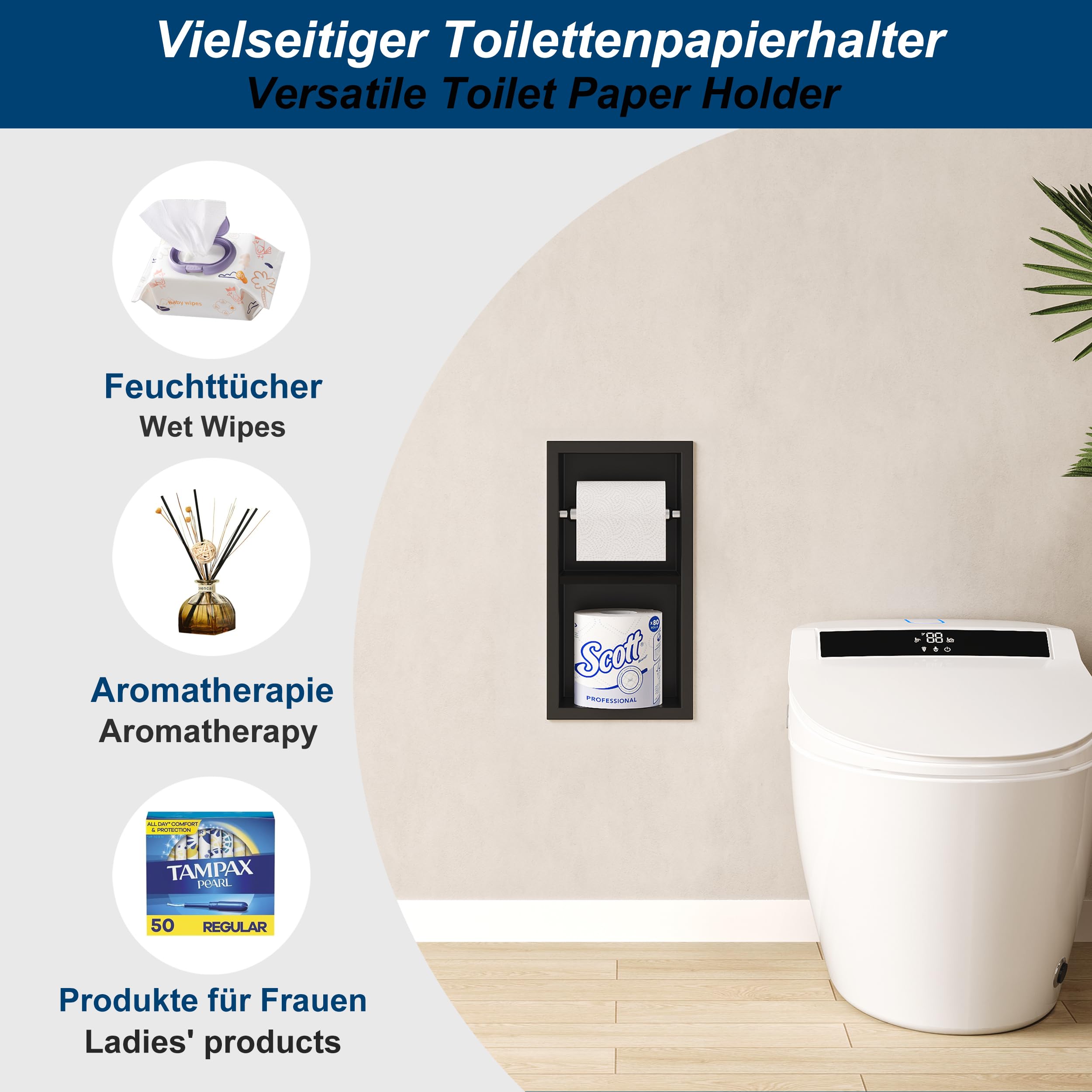 Neodrain Flush Mounted Toilet Paper Holder Stainless Steel Bathroom Accessory Cabinet with Shelf and Footrest Wall Mounted Paper Holder for Bathroom Black - Image 4