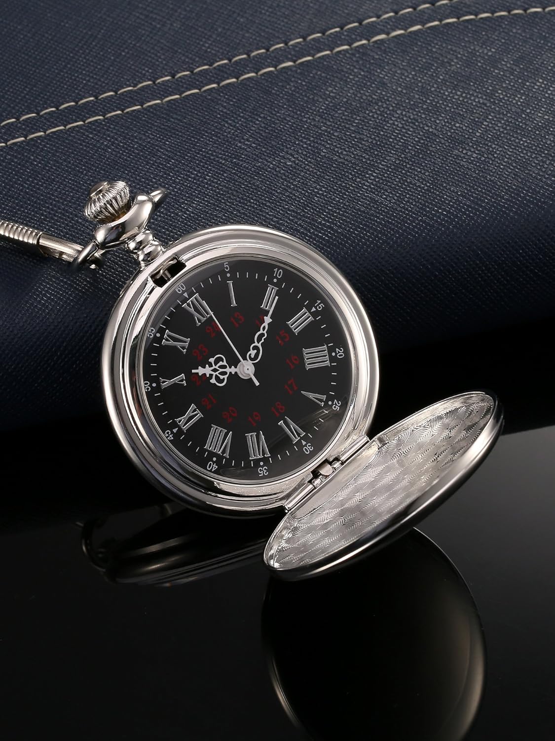 Mudder Smooth Antique Quartz Pocket Watch with Steel Chain Silver