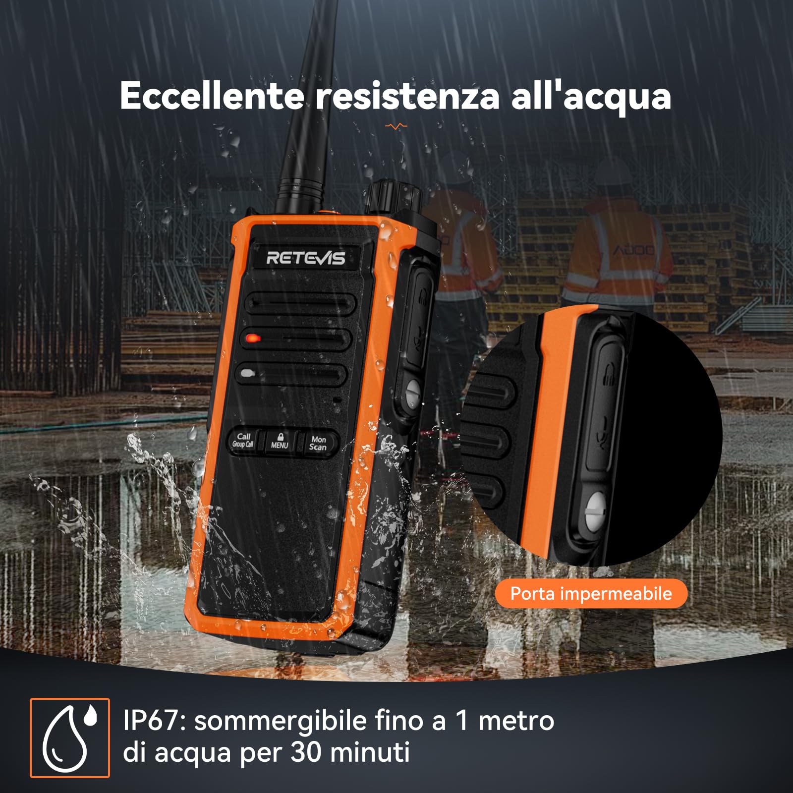 Retevis C65B Walkie Talkie Professionali IP67, Ricetrasmittenti a Lungo Raggio, Batteria Ricaricabile da 1800 mAh, Chiamata di Gruppo, Woki Toki Alta Potenza per la Costruzione (4 Pacchetti)