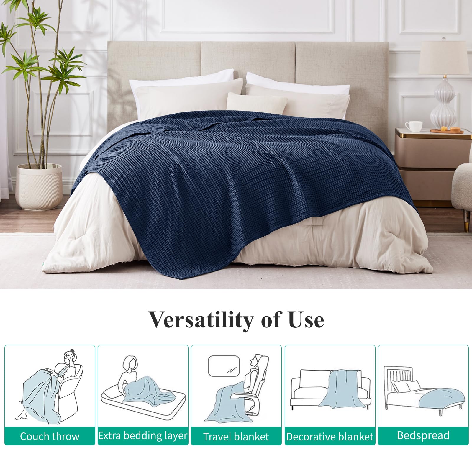 Aisbo Dünne Decke Sommer Blau - Waffelpique Sommerdecke Leichte Decke 220x240 cm XXL als Sofadecke Couchdecke, Weich Kuschelige Wohndecke Wohnzimmer, Couch Bett Flauschig Große Decke Überwurf