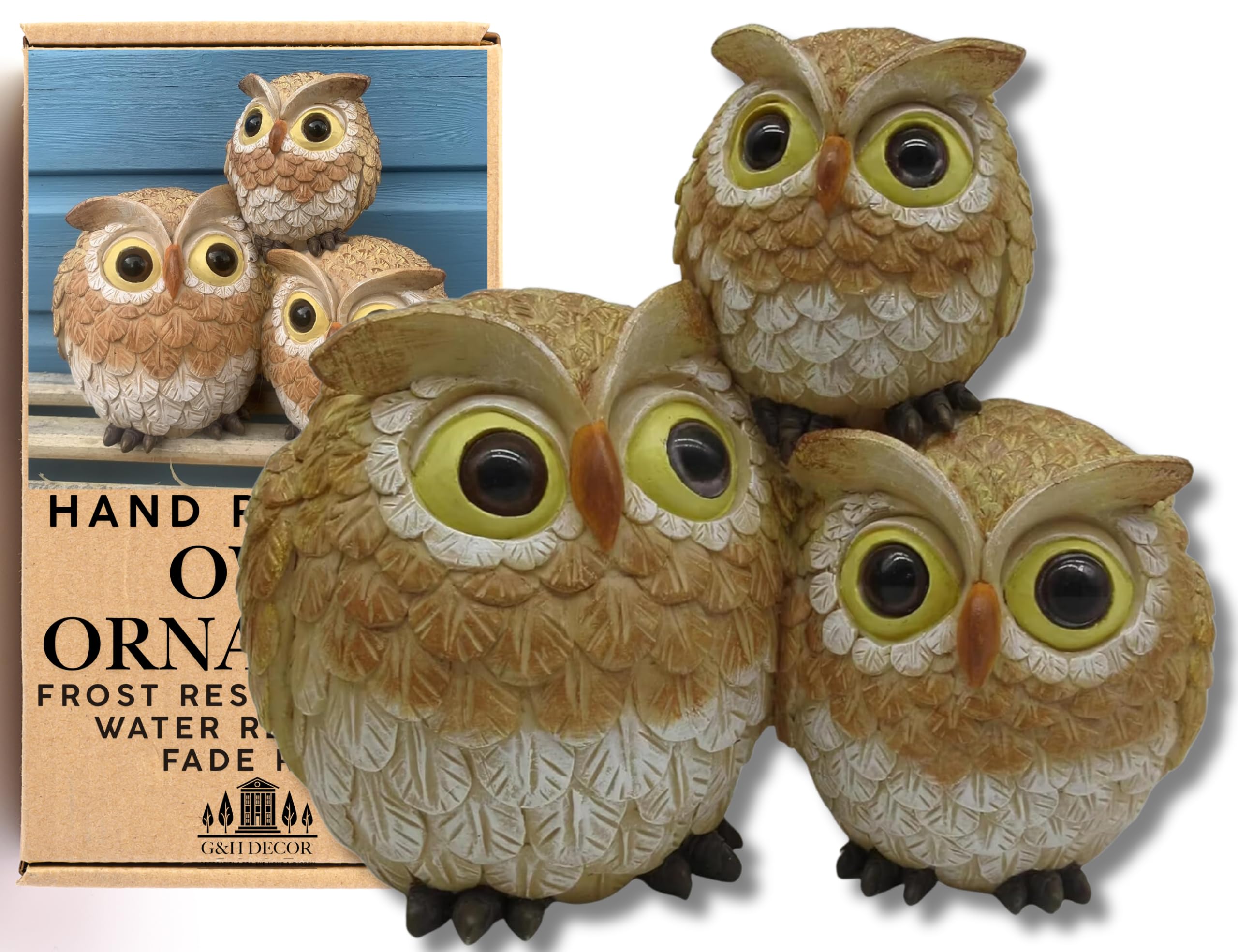G&H Decor - Garden Resin Owl Statue - Hand Painted Owls Gifts Figurine - Suitable for Indoor or Outdoor Use - Weather Resistant Bird Ornament for Garden - Bird of Prey Decorations for Outside Decor