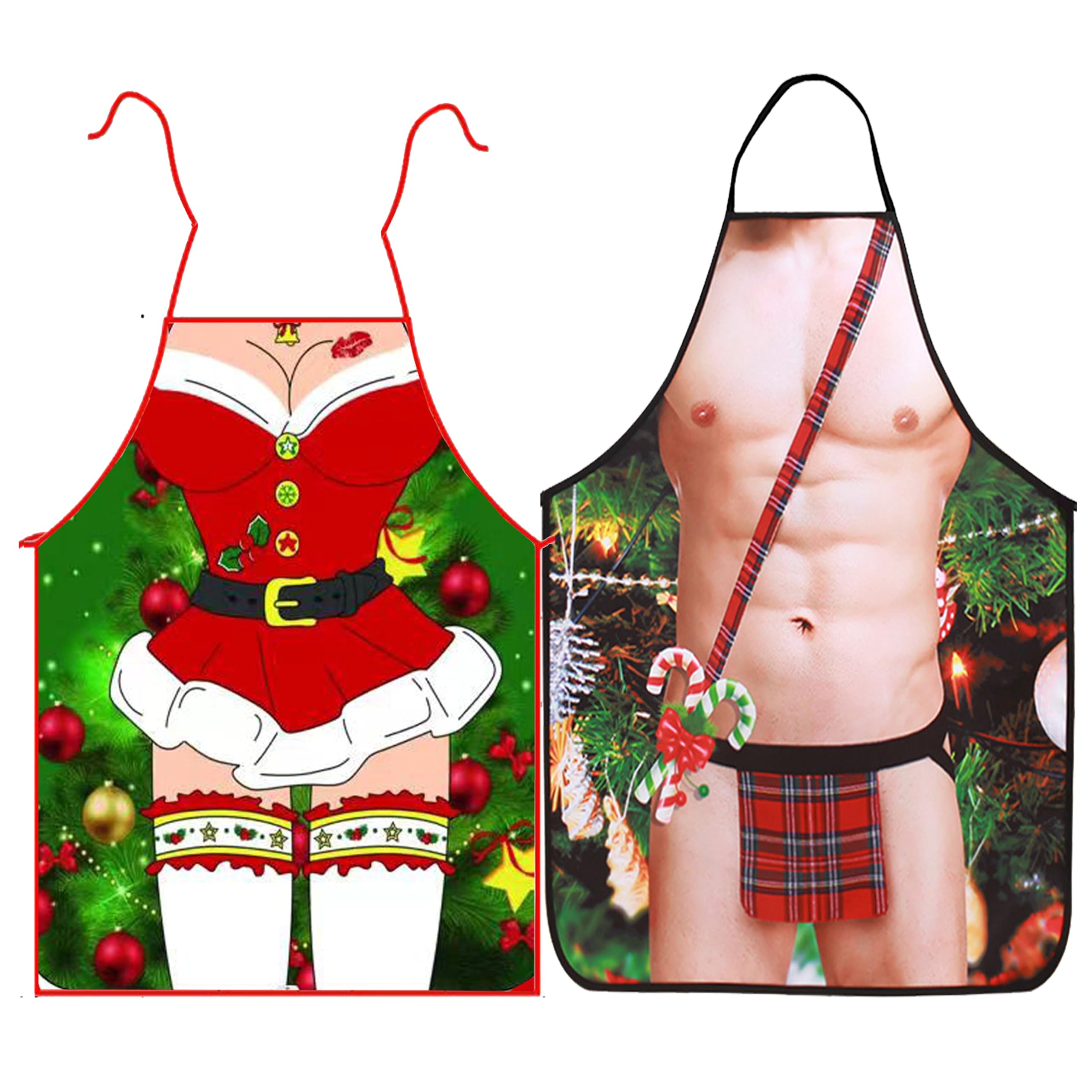 LIKPOJA Christmas Kitchen Cooking Aprons Wife and Husband Novelty Sexy Aprons Couples Secret Santa Funny Christmas Gifts for Women and Men Dinner Party(Pack of 2,Wife and Husband T)