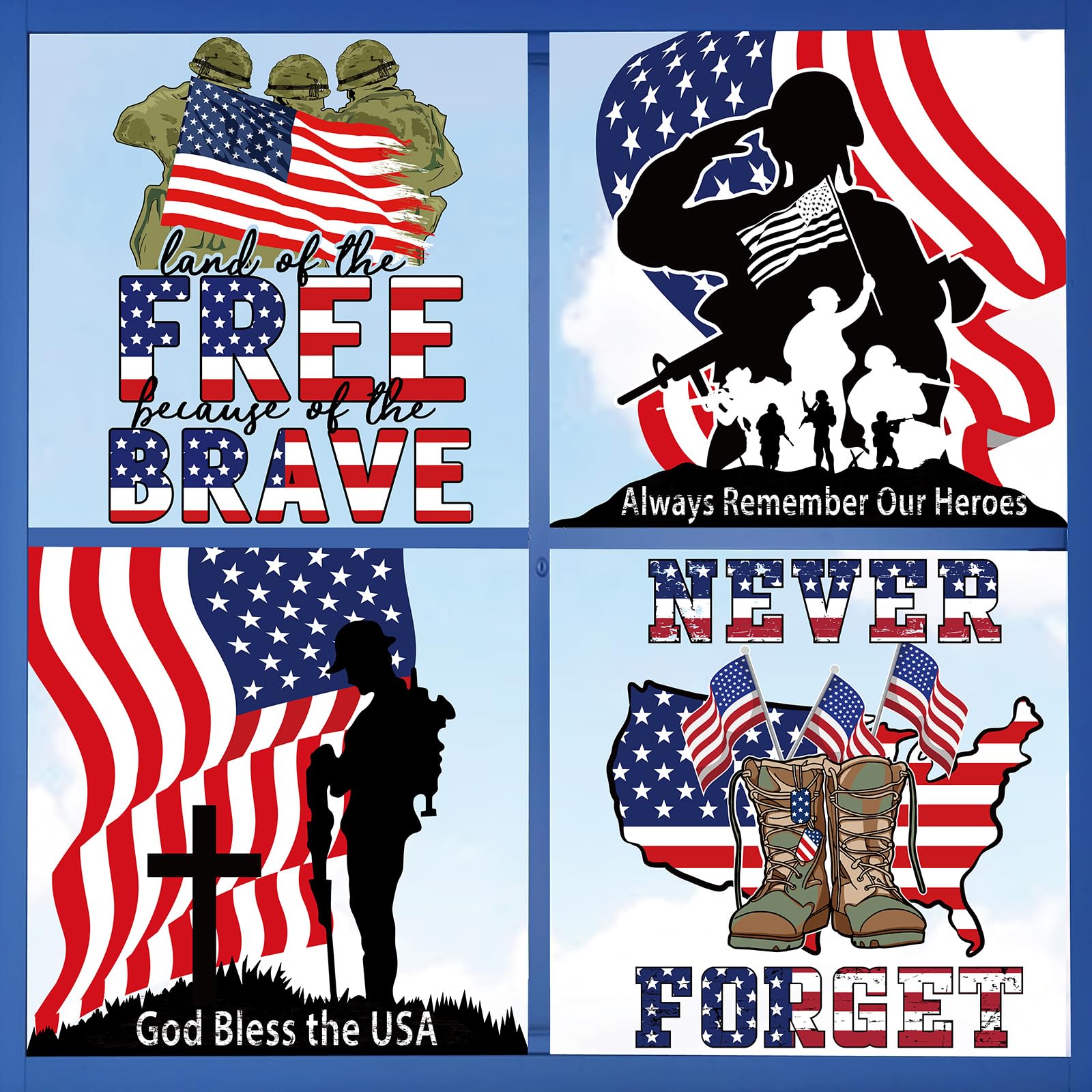 JarThenaAMCS Memorial Day Land of The Free Window Clings 4th of July Patriotic America Flag Military Soldier Boots Cross Glass Decals for USA Veterans Day Home Office School Decor, 9.8 x 13.8 in,4Pcs