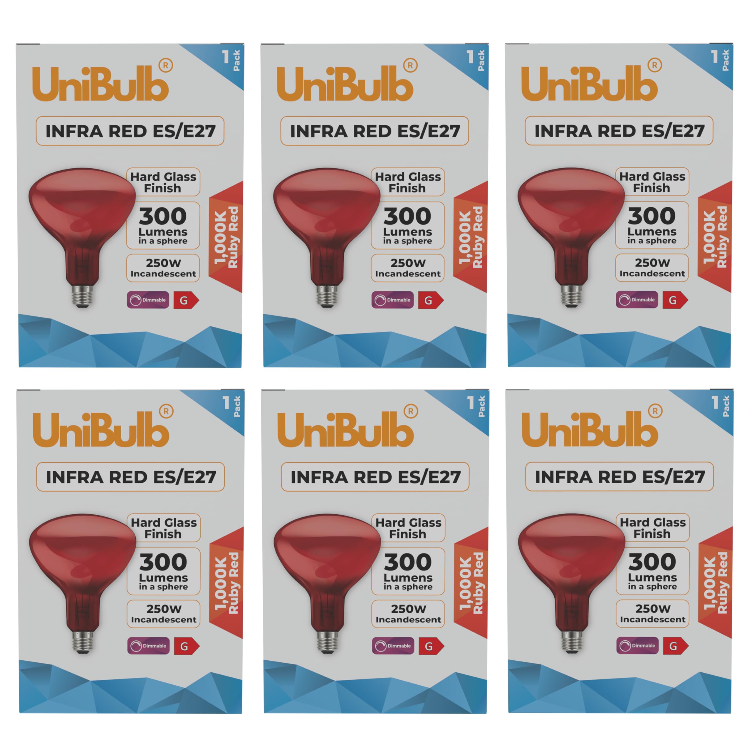 Unibulb Infra-Red Heater Lamp E27 (ES) 300 Lumens, 250W Heat Lamp Light Bulb, Ruby Red Finish, 1000k Candlelight, Hard Glass, Edison Screw, Dimmable (6)