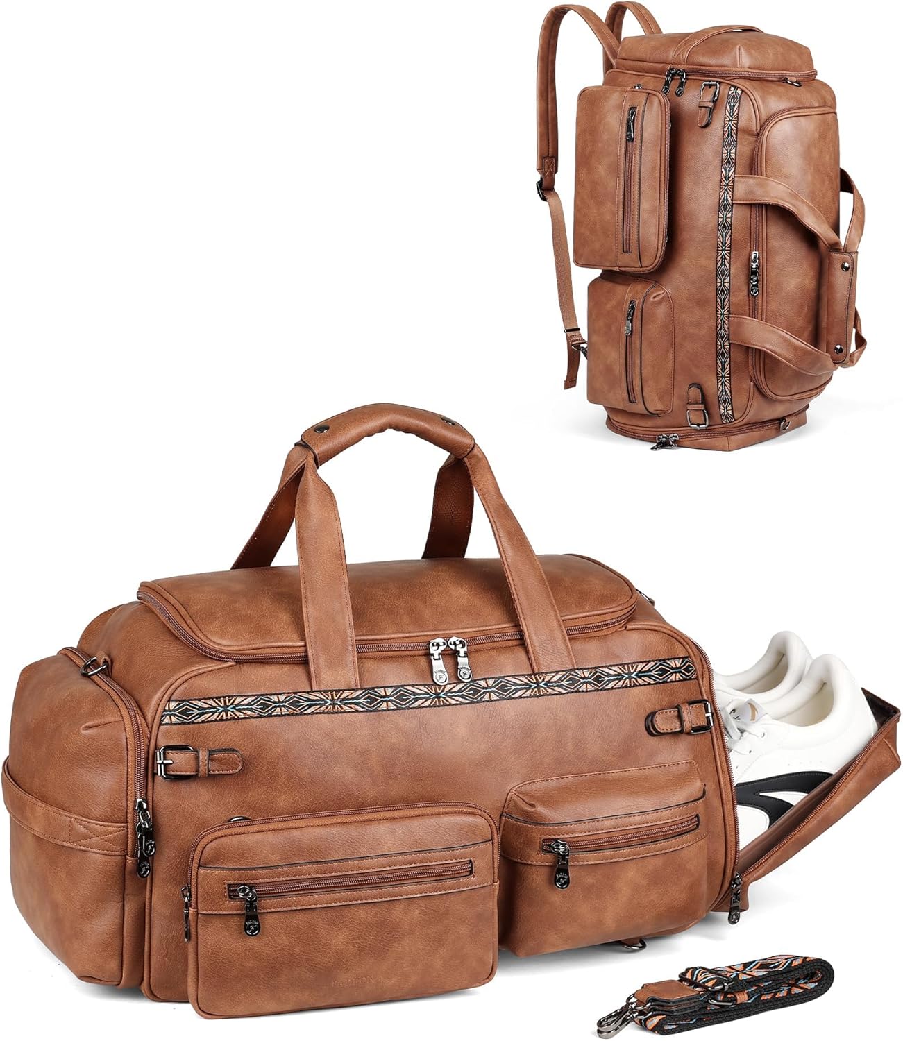 FADEON Duffle Bag for Women, Large Convertible Carry on Overnight Backpack, Designer Leather Mens Weekend Bags for Travel