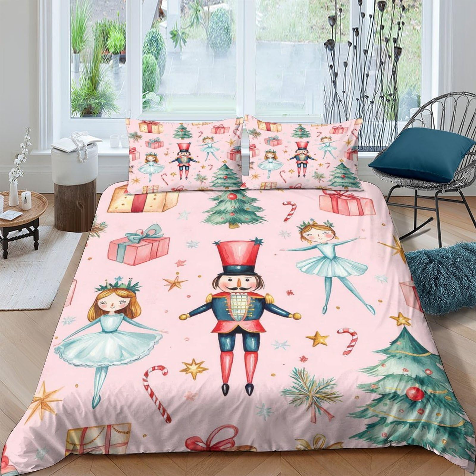 GPLZQXKJNH 3D Printed Nutcracker Ballet Duvet Cover Microfiber Soft Pink Christmas Tree Bedding Set with 2 Pillowcases for Bedroom Decor Single（135x200cm）