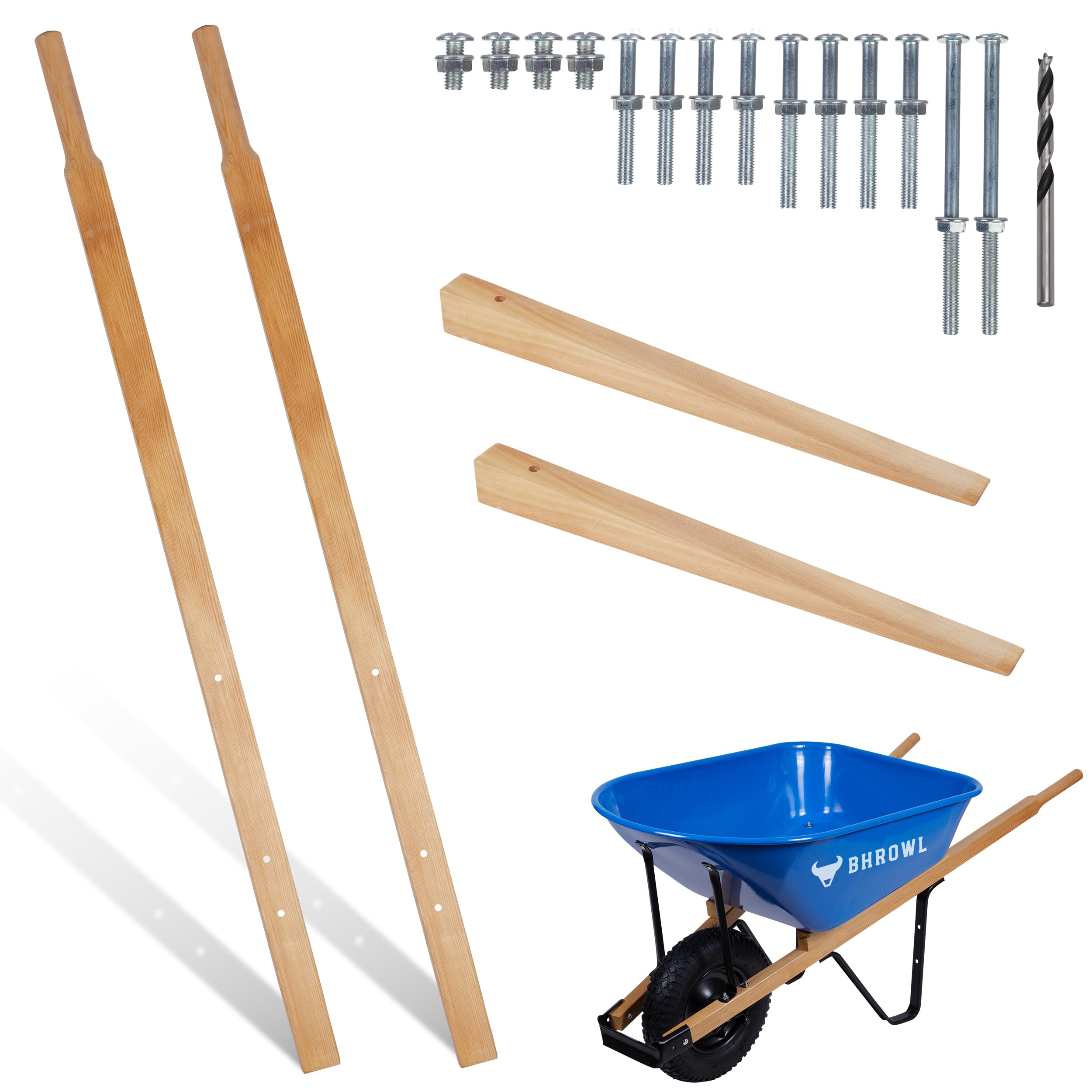 Wheelbarrow Handles Replacement Kit – 2 Heavy-Duty Wooden Handles – Universal Fit – Includes Bolts, Nuts, Wedges and Drill Bit – FSC-Certified Eco-Friendly Wood – Plant a Tree