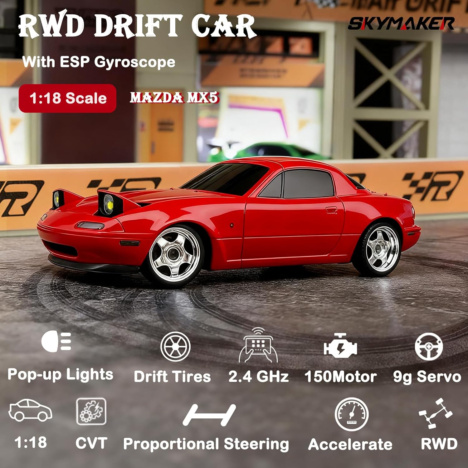 Skymaker LD1804 RC Drift Car 1/18 Scale Mazda Miata MX-5 Red Remote Control Drift Car with Gyro Red Hobby RC Car for Adult 2.4 GHz RWD Drifting