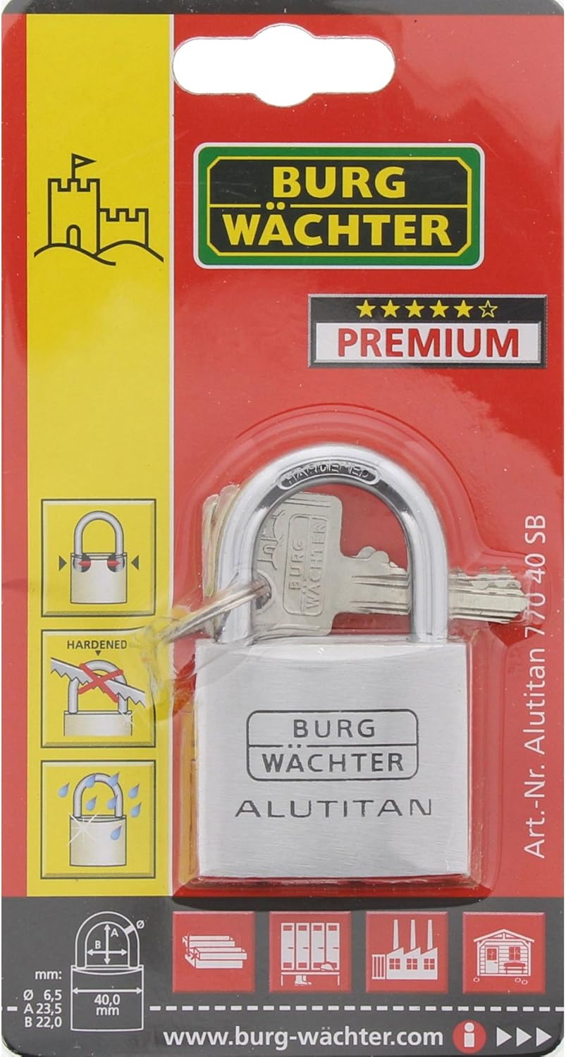Burg Wächter Cylinder Padlock, 6.5 mm Shackle Thickness, Alutitan 770 40 SB, 40 mm