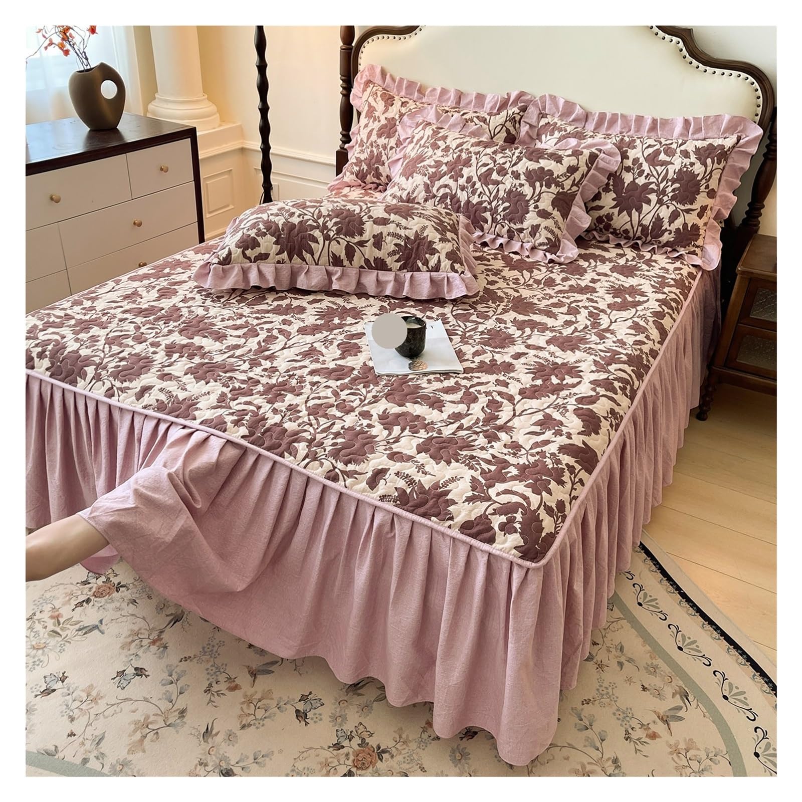1pc Soft Bed Skirt Thicken Bedspread Ruffles Cover Plant Print Linen For Home Falda De Cama (No Pillowcase)(A,Queen 150x200cm 1pc)