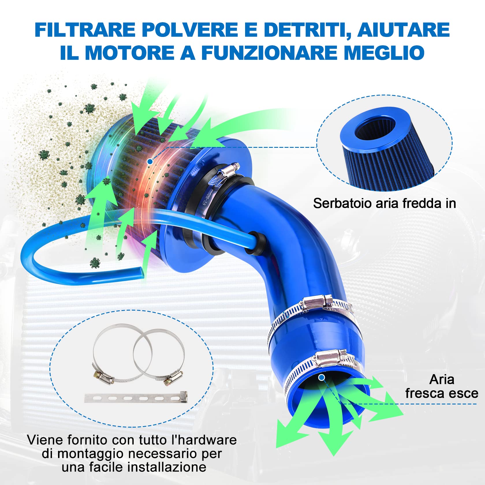 Pindex Filtro Aria Sportivo Auto: Filtro di Ingresso Dell'aria Filtro a Cono in Fibra di Carbonio con Tubo Aspirazione Aria - Blu