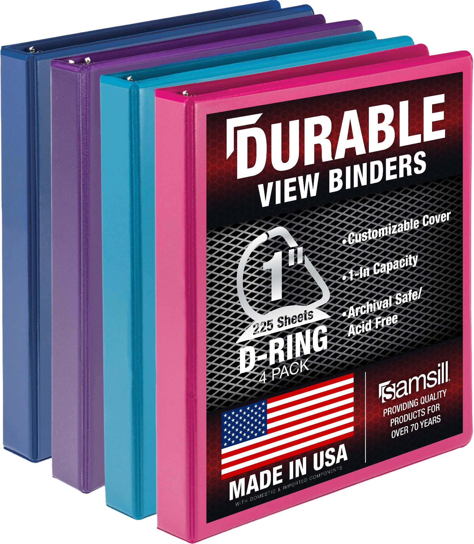 Samsill Durable 1 inch 3 Ring Binder, Made in USA, D Ring Binder, FSC 100% Recycled Chipboard, Fashion Assortment, 4 Pack